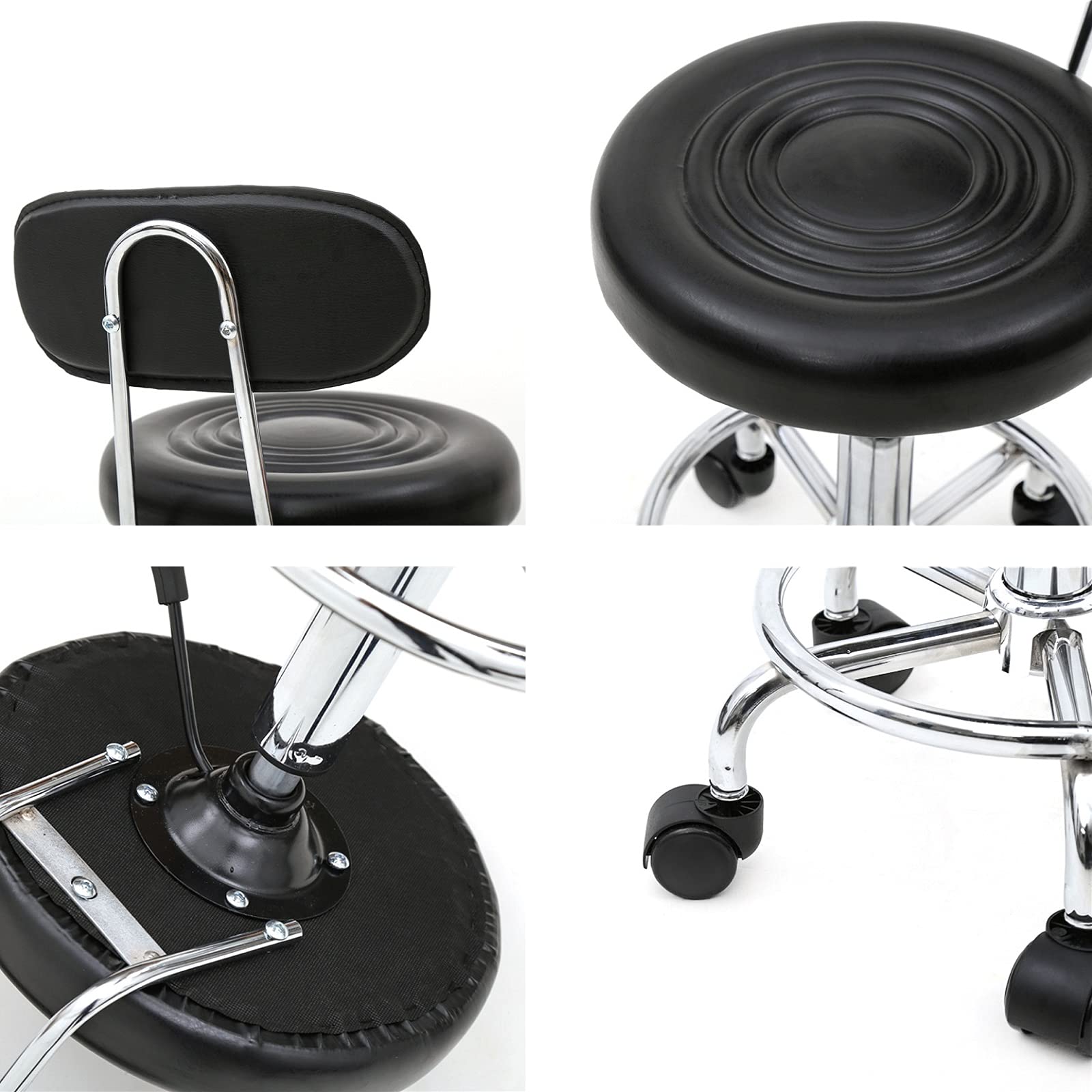 Alightup Sgabello da ufficio con schienale e ruote, girevole a 360°, altezza regolabile (47-61,5 cm), per saloni massaggi, uffici e cliniche, forma ellittica, nero