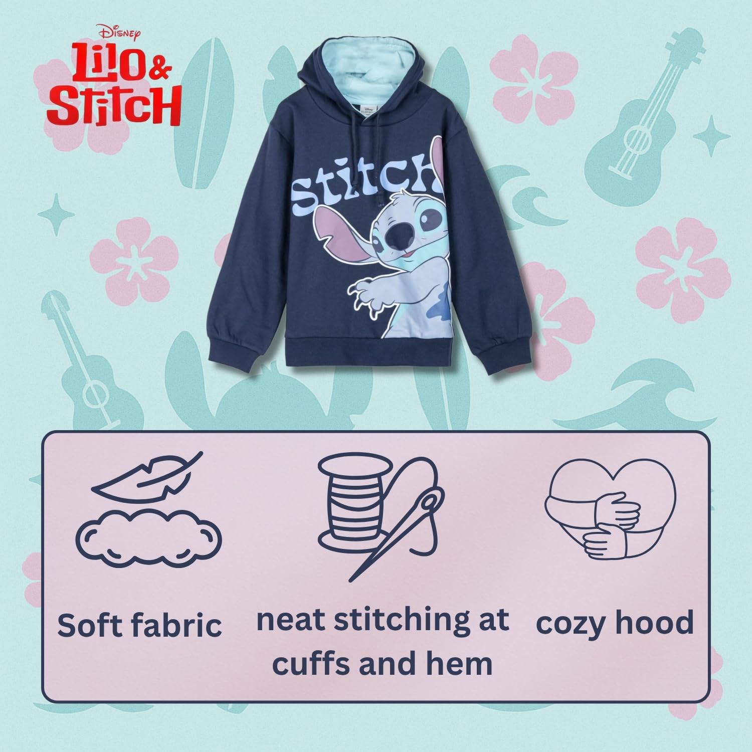 Disney Pull à capuche Lilo et Stitch pour enfants et adolescents - Pull cool - Bleu foncé ou rose - Chaud et douillet - Tailles 128-164 cm