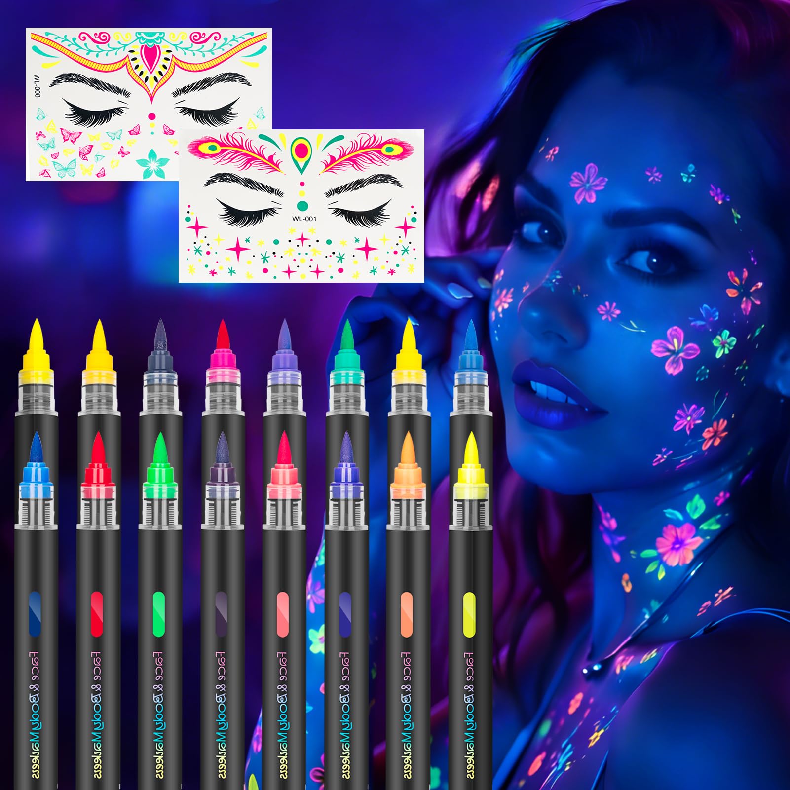 K KERNOWO Glow in The Dark Face Paint Markers 16 Colors Glow Face Body Paint with Face Stickers, Neon Body Paint Pens for Skin UV Face Painting Kits for Adult Halloween Festival Accessory