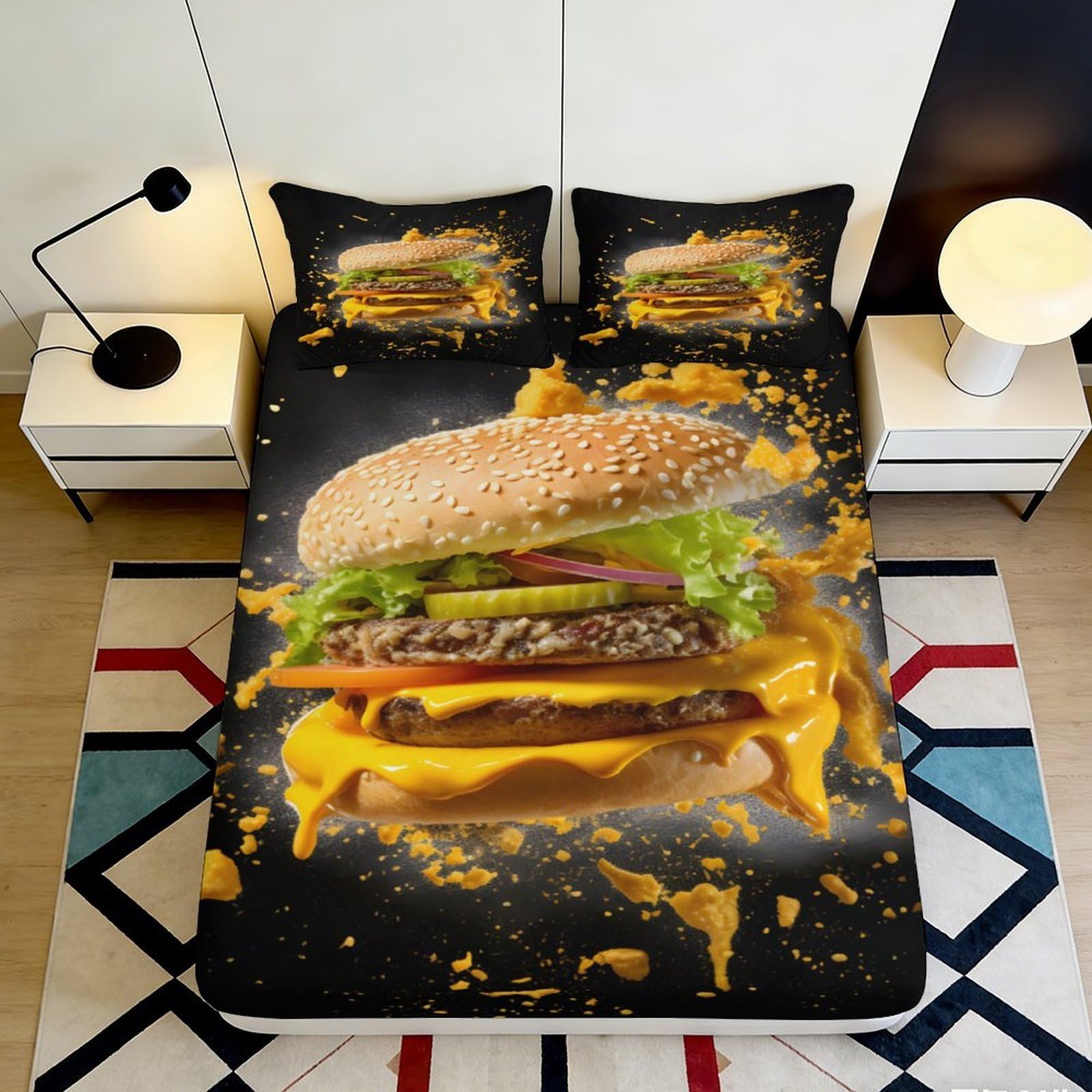 3D Printed Burger Splash Fitted Sheet Microfiber Fun Realistic Cheeseburger Mattress Cover Bedroom Dorm Home Decor 120x200cm 200x200x25cm