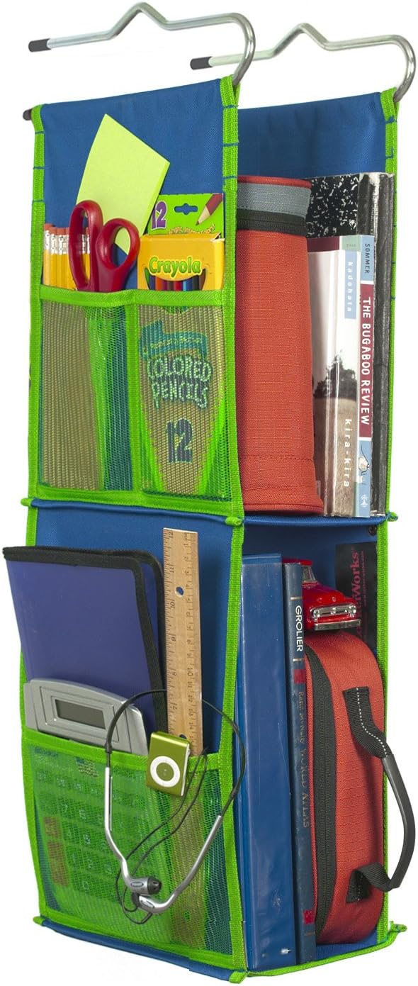 2 Shelf Hanging Locker Organizer, Sturdy & Compact, 23-25" Tall x 6" Wide x 9" Deep, Shelves 12"-14" Tall, Hangs from Shelf, Hooks or Rod to Create Storage Space. Royal Blue/Green Trim