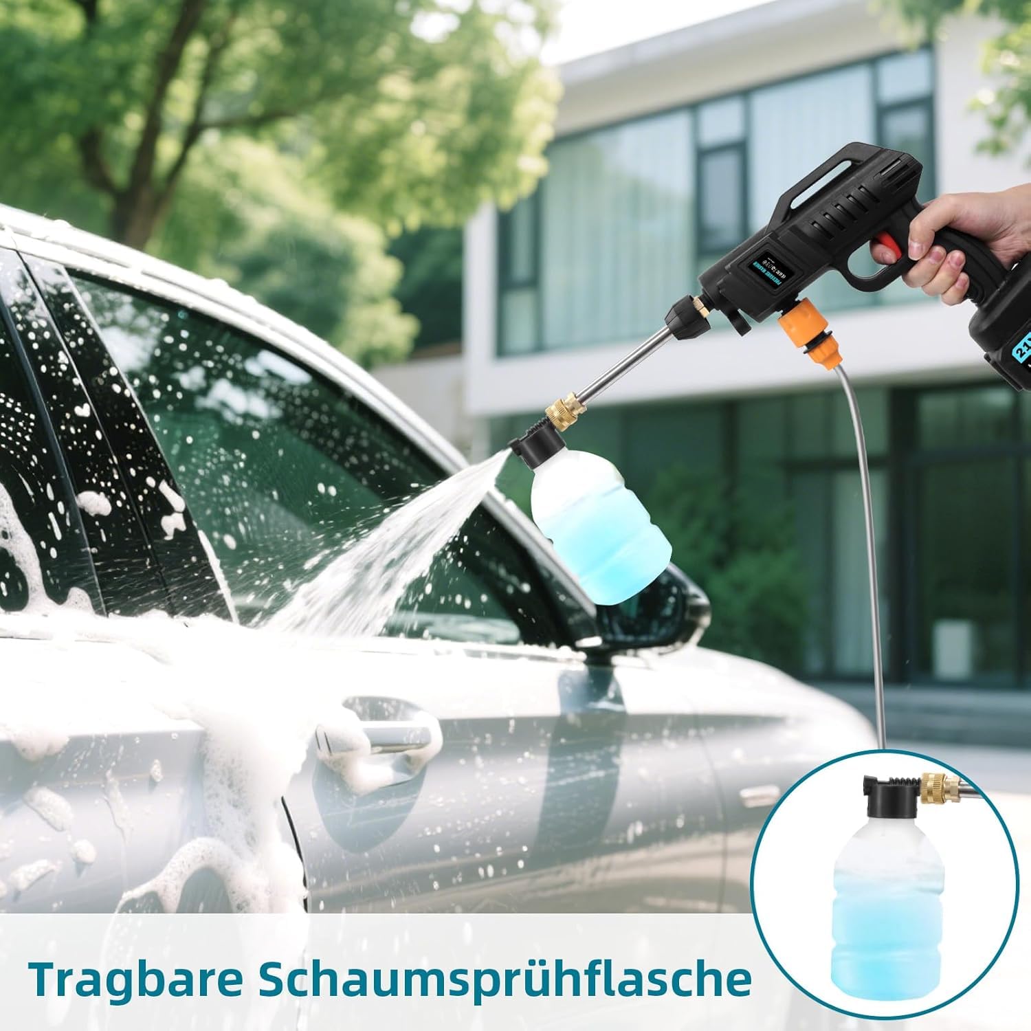 Viugreum Akku Hochdruckreiniger, 100Bar Hochdruckpistole Wasserpistole, Tragbarer Hochdruckreiniger Autowäsche mit 6-in-1-Multifunktions Düse, 2x 21V Batterien, 5m Schlauch für Auto, Terrasse, Fenster