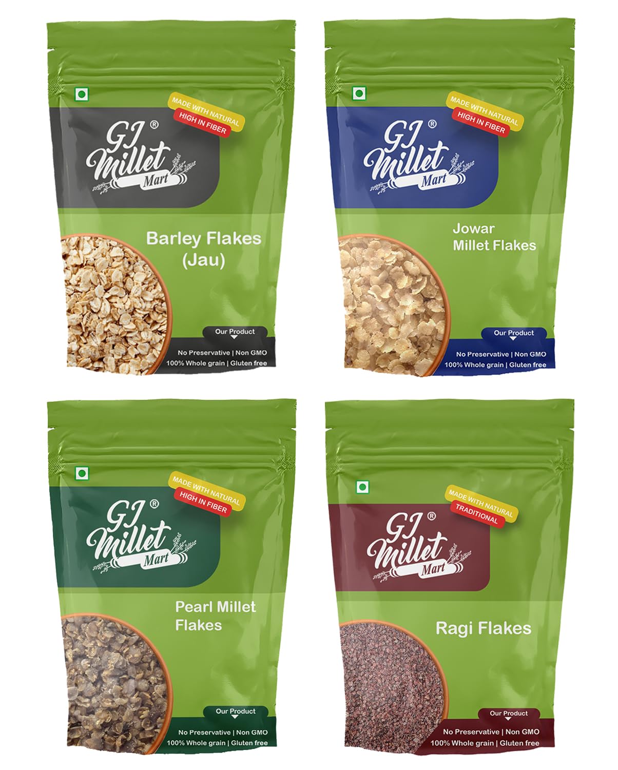 GJ MILLET MART Flakes Combo of 4 (Barley, Jowar, Ragi, Bajra) - 4 x 200g (Flakes for Breakfast | Rolled | Not Fried | Gluten free) (B0C1X5JGG1) Amazon Price History, Amazon Price Tracker