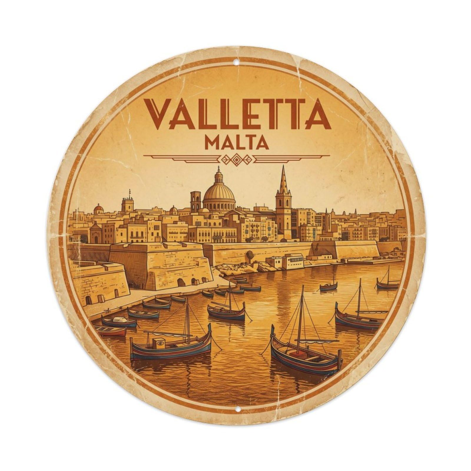 Vintage Travel Valletta Malta Harbor Metal Tin Sign Plaque Wall Decor for Cafe, Club Bar, Office, Home Garden Round Metal Poster 8x8Inch