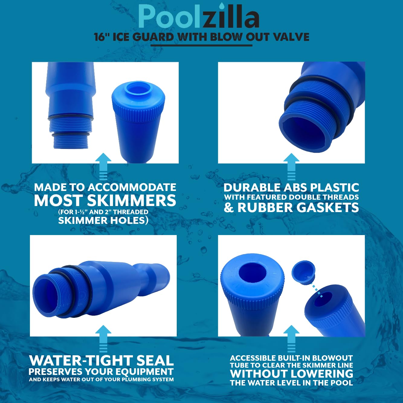 Poolzilla Lot de 2 bouchons d'hiver bleus pour skimmer – Piscine au-dessus et enterrée, protection de glace de 41,5 cm pour écumoires filetées de 3,8 cm et 5,1 cm avec valve de soufflage