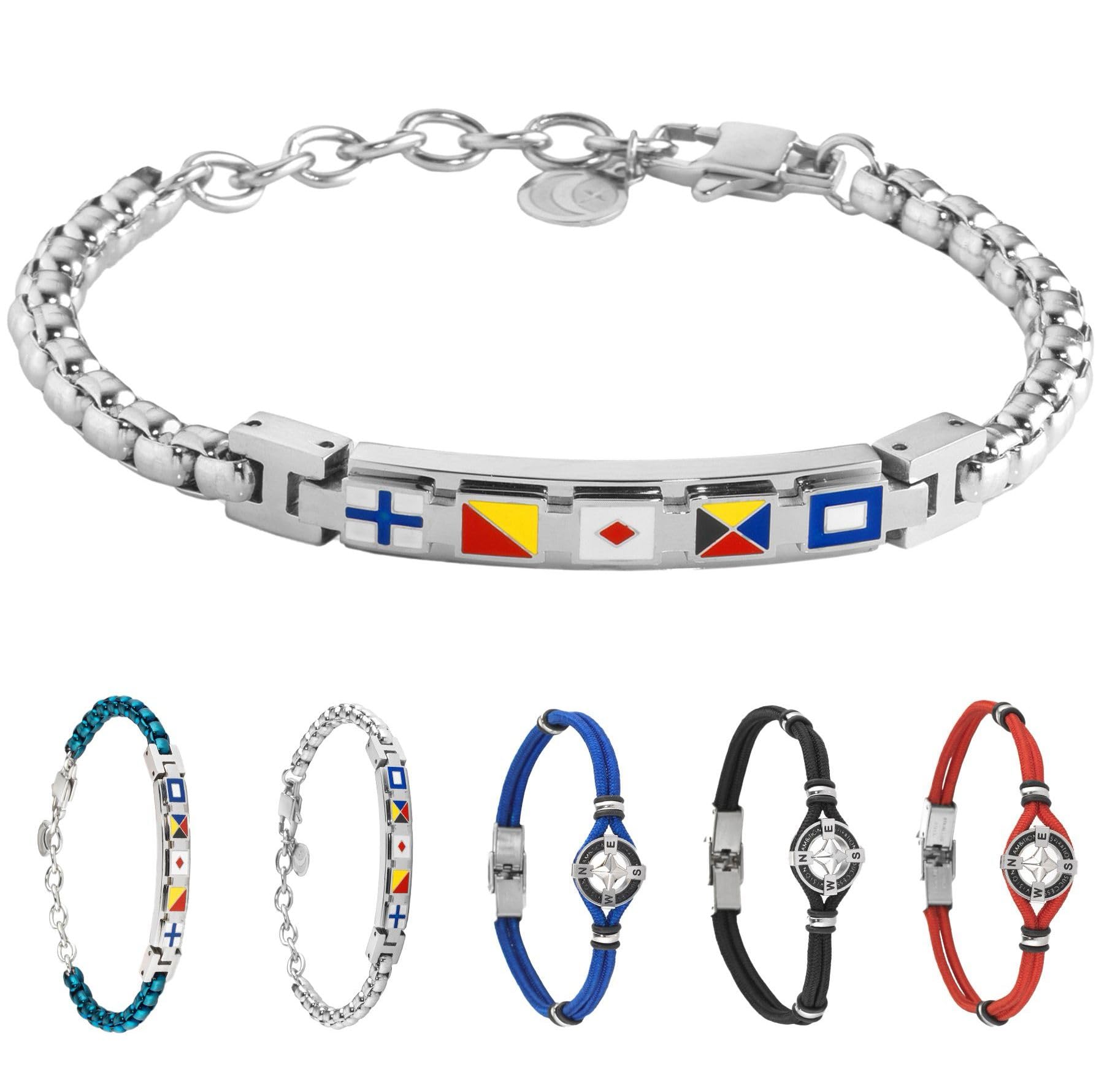 inSCINTILLE Surfer Armband Herren Rostfreier Stahl mit Nautischen Symbolen Verstellbare Anker Länge mit Geschenkbox Enthalten