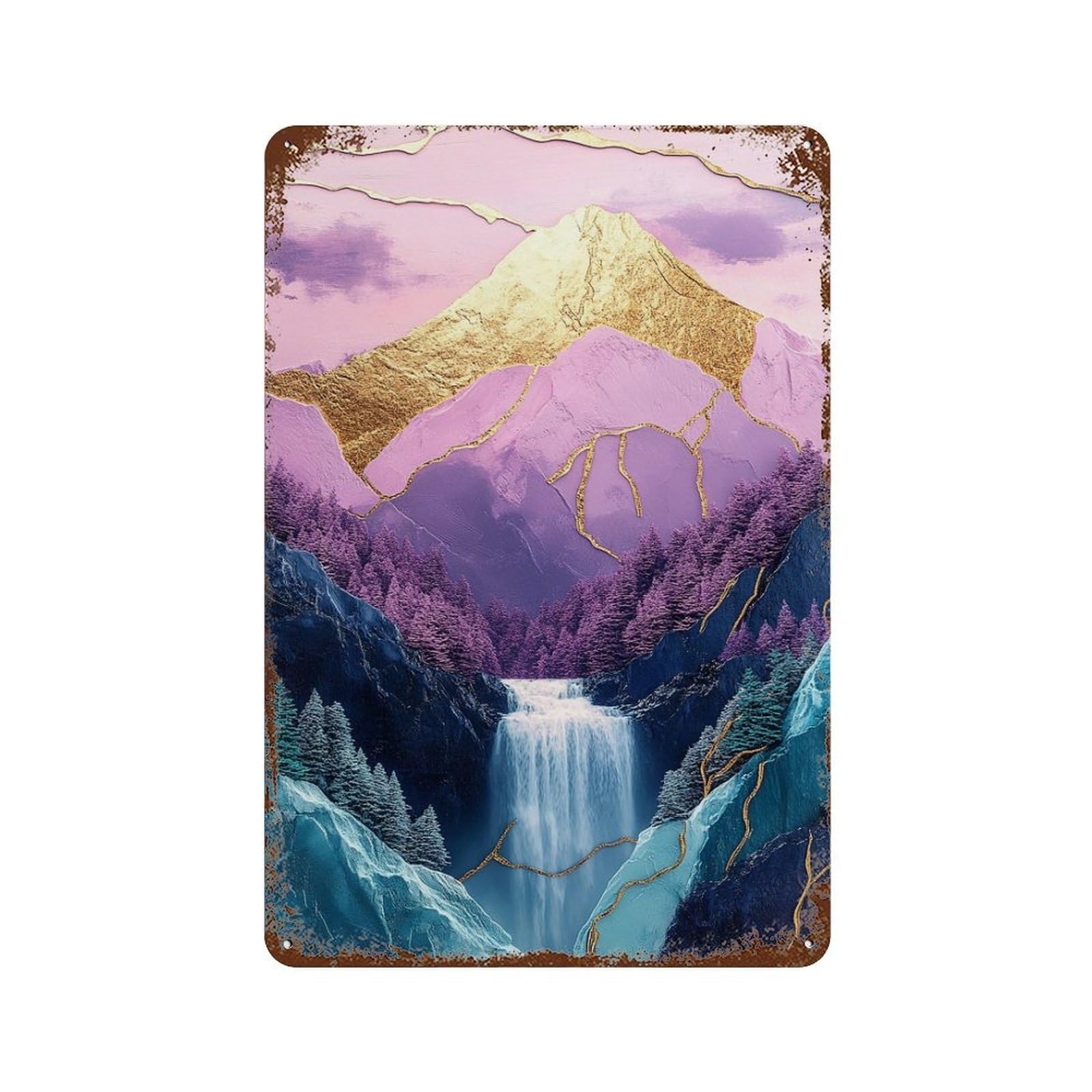 Rust Effect Golden Mountain Waterfall Landscape Rusty Metal Tin Sign 11.8"x7.9", Farmhouse Wall Decor for Shed, Workshop And Garage Wall Decor