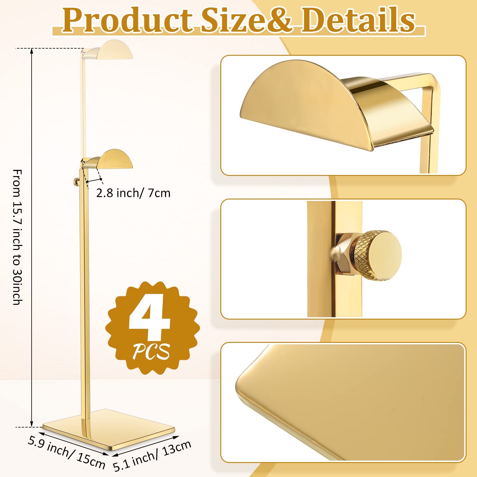 Maitys 4 Pack Purse Display Stands Stainless Steel Adjustable Height Bags Display Holder for Home Store Boutique Counter (Gold)