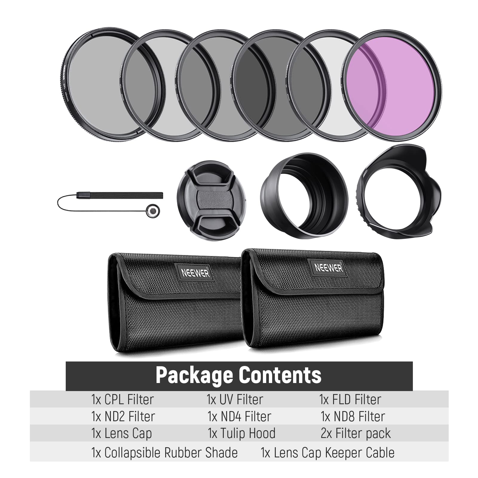 Neewer 49mm ND Lens Filter Kit: UV, CPL(Circular Polarising), FLD, ND2, ND4, ND8, Lens Hood and Lens Cap Compatible with Canon Nikon Sony Panasonic DSLR Cameras