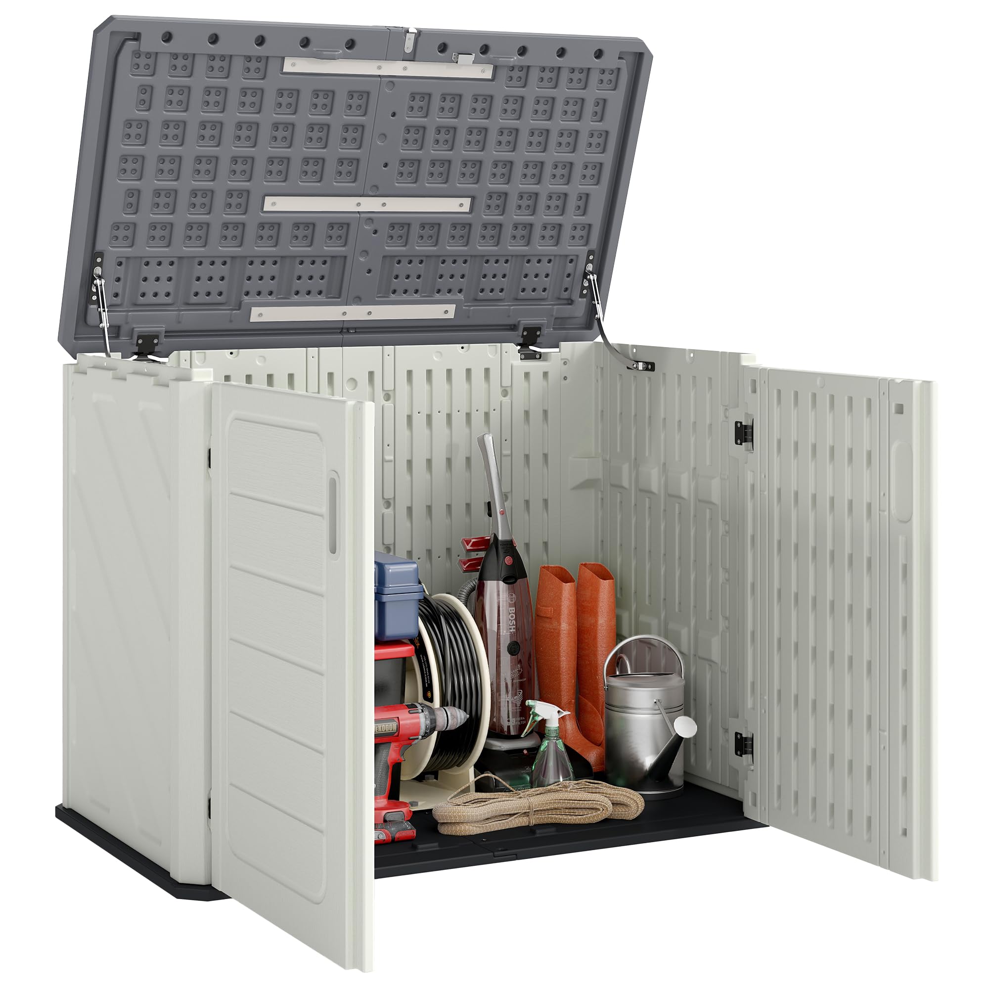 Outsunny Outdoor Storage Cabinet, 35 Cu.Ft Waterproof Outdoor Storage Shed with Lockable Doors and Openable Top for Garbage Bins, Generator and Lawn Mower, Assembly - 1