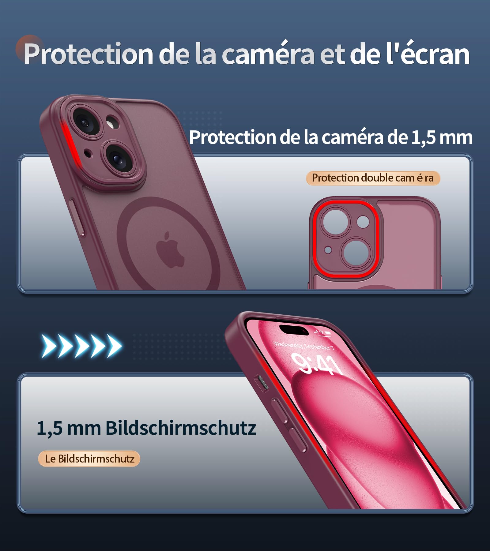 FLLAO Cover Magnetica per iPhone 15 Custodia e 2 Pellicole in Vetro Temperato, Cover iPhone 15 Compatibile con Magsafe, Traslucida Opaca Posteriore Sottile Antiurto Protettiva Case, Rosso Scuro