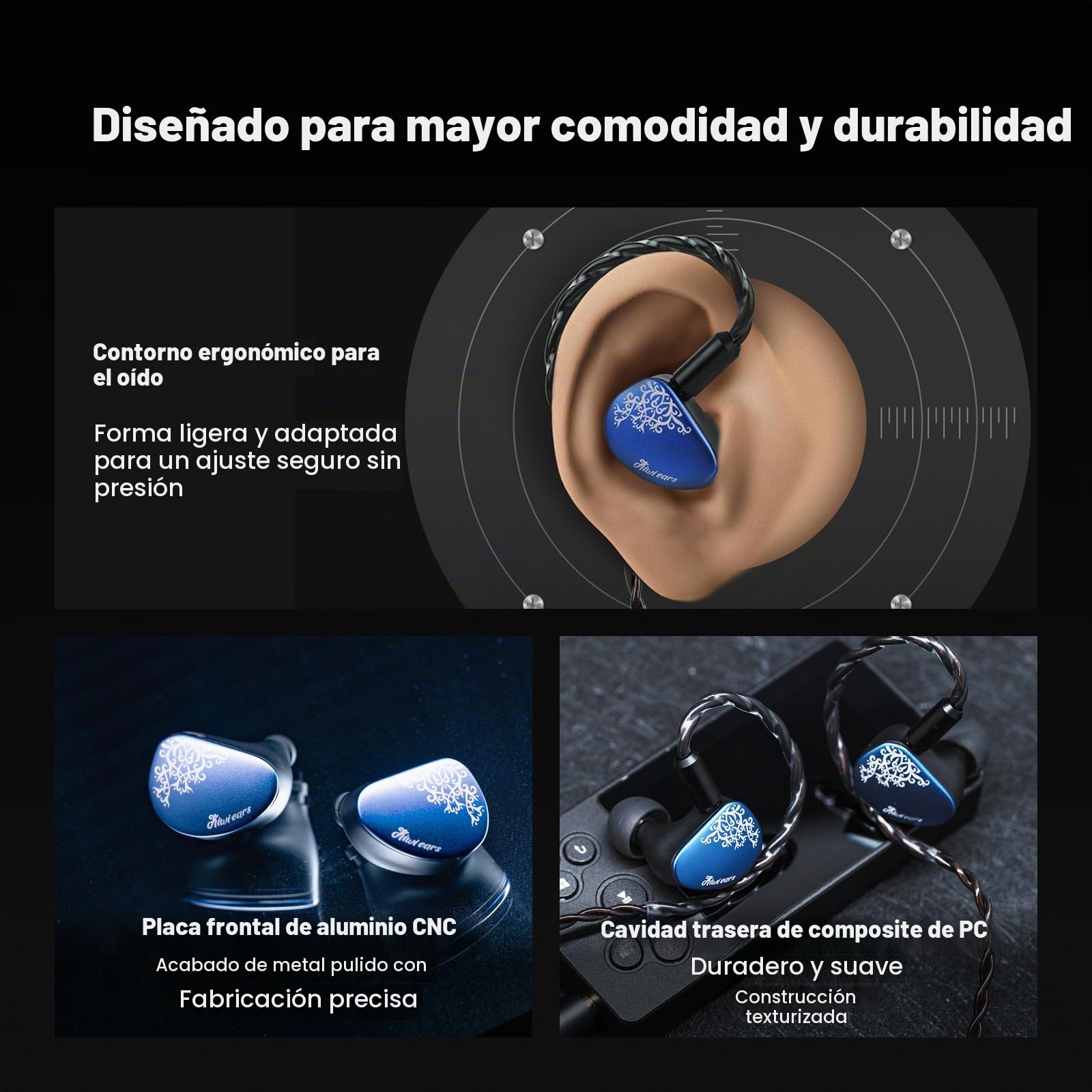 Linsoul Kiwi Ears Cadenza II In Ear Monitor con Driver de Titanio de 10mm, Auriculares IEM con Cable con KARS 2.0,Equilibrio Tonal Preciso,Placa Frontal de Aluminio CNC (3,5 mm Senza Mic, Azul)