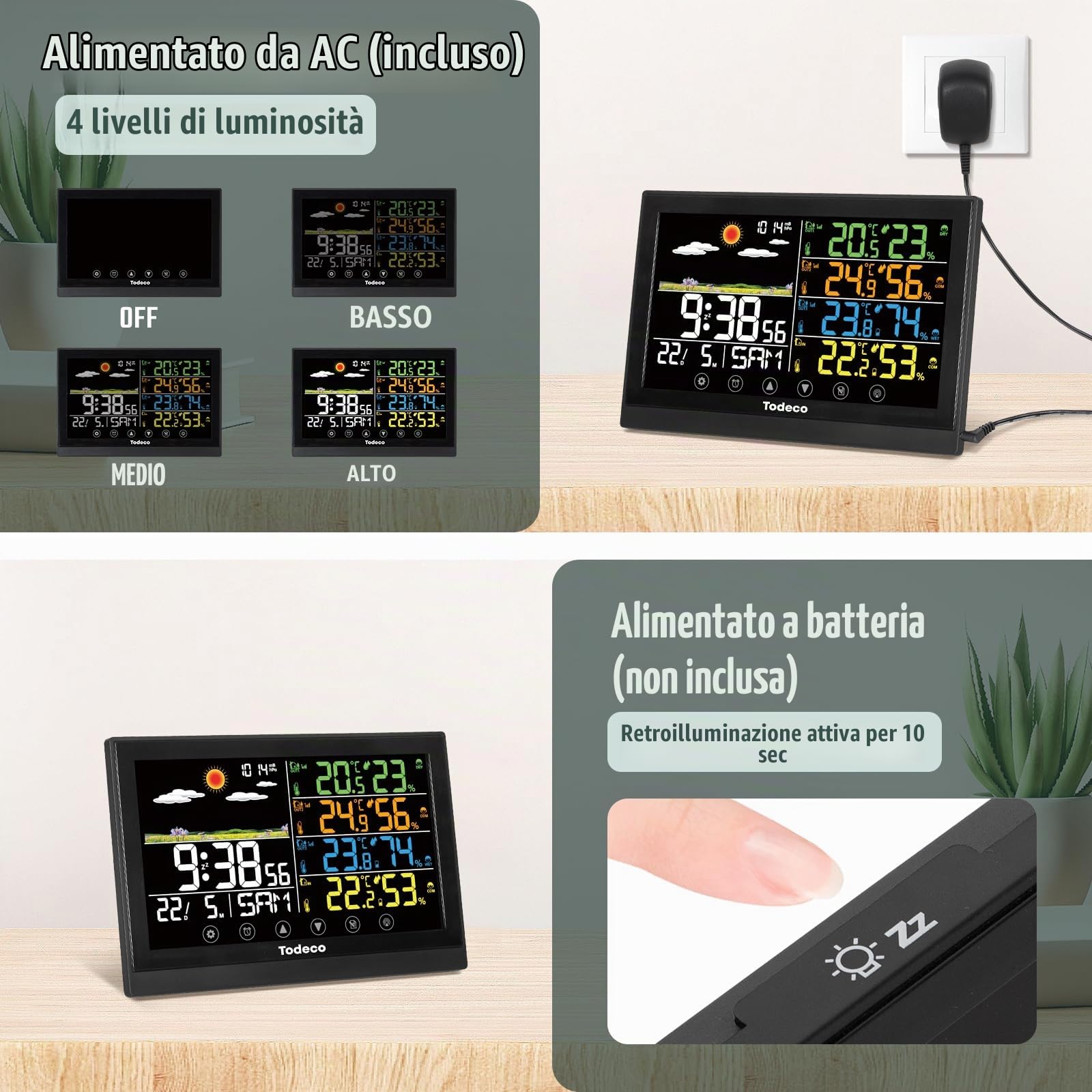 Todeco Stazione Meteo Wireless con 3 Sensori e Display a Colori | Temperatura, umidità e previsioni meteo, display LCD a colori, adattatore AC, allarme, calendario e DST automatico