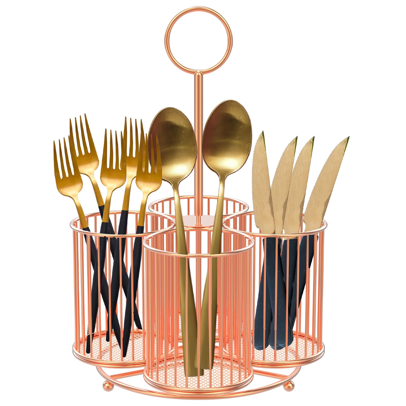 Rhaiqbvc Rose Gold With Handle 360°Rotating Cutlery Holder,Metal Kitchen Utensil Holder,4-Compartment Metal Utensil Caddy, Multipurpose Countertop Silverware Organizer For Kitchen Picnic Camping Outdoor (Rose Gold With Handle)