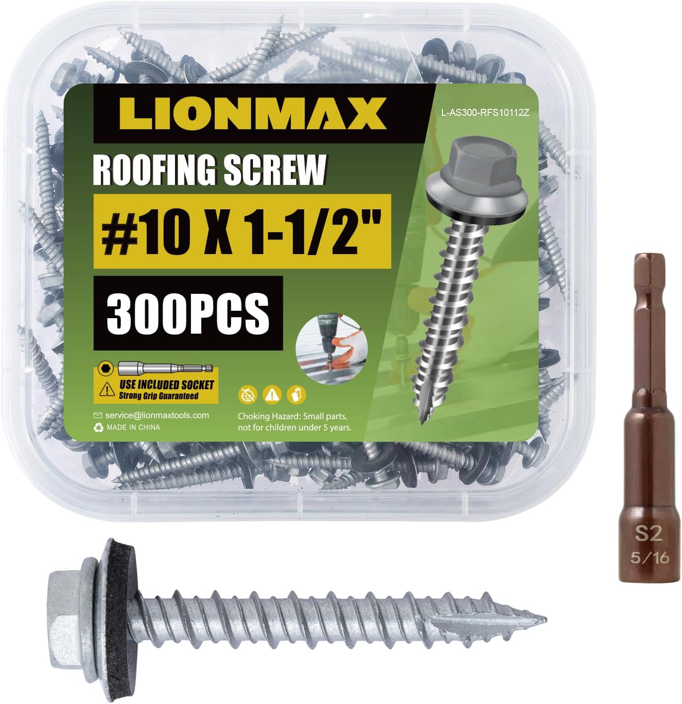 LIONMAX Metal Roofing Screws #10 × 1-1/2 Inch, 300-PCS, Rustproof Coating Hex Head Sheet Metal to Wood Siding Screw with Rubber Washer, Sharp Point, Hex Socket Included