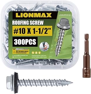LIONMAX Metal Roofing Screws #10 × 1-1/2 Inch, 300-PCS, Rustproof Coating Hex Head Sheet Metal to Wood Siding Screw with Rubber Washer, Sharp Point, Hex Socket Included
