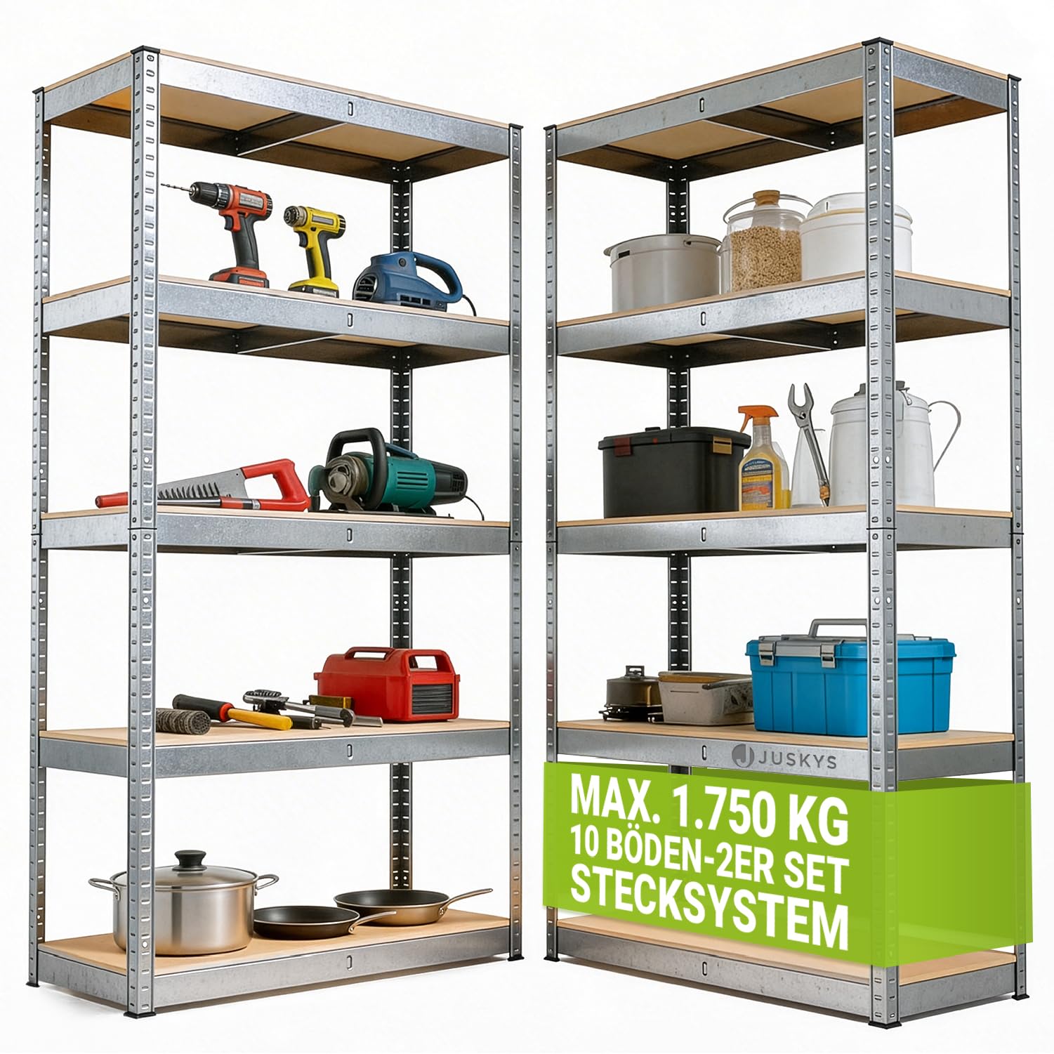Juskys 2er-Set Lagerregal Basic 2X 180x90x40cm (HxBxT) | 1750 kg | 10 Böden | Schwerlastregal Steckregal Metall Kellerregal Regalsystem Regal verzinkt