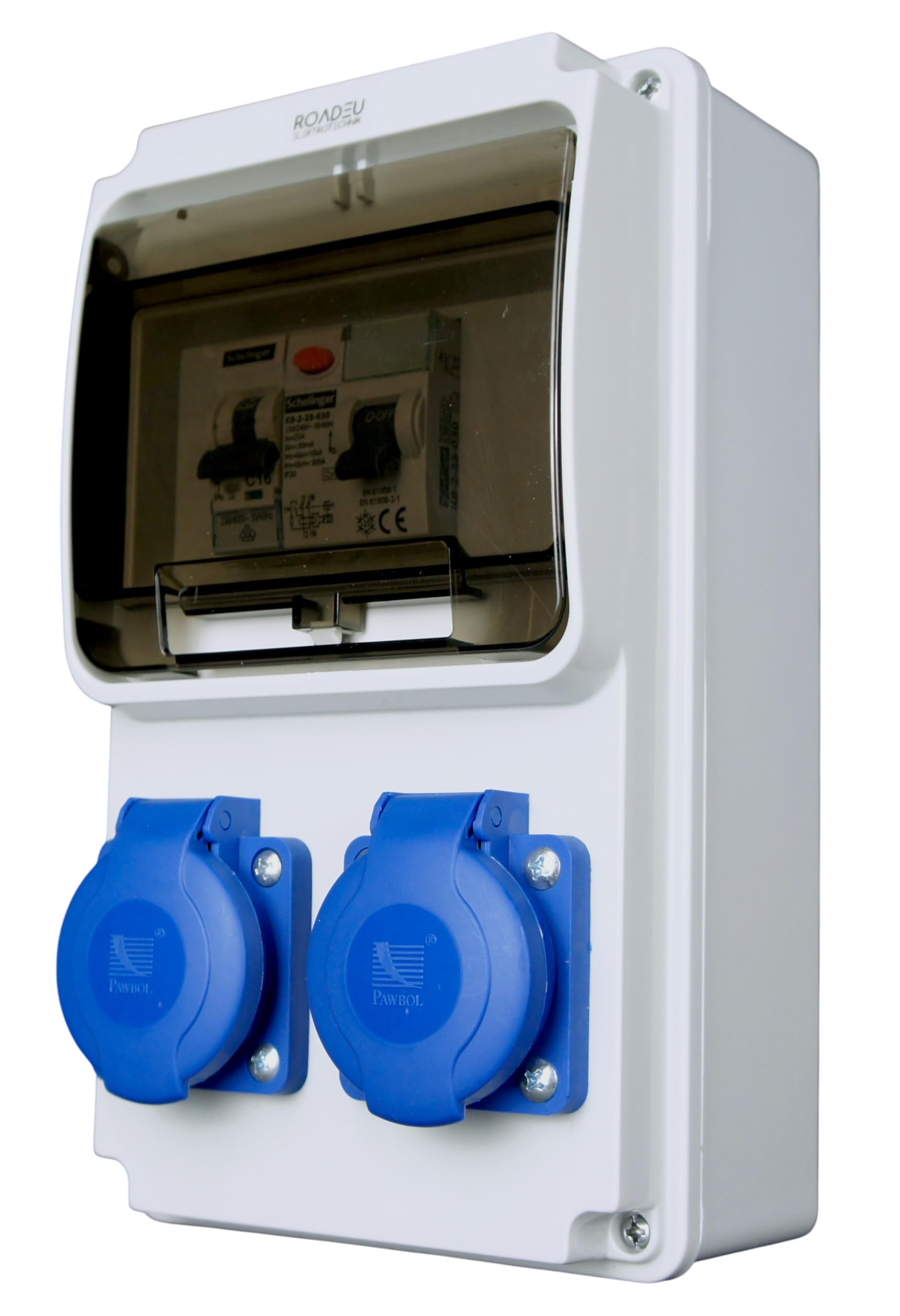 RoadEu - Stromverteiler 230V - 2x Schuko Steckdose - Baustromverteiler mit Fi Schutzschalter und Leistungsschalter C 16A - Verdrahtet, Steckdosenverteiler Indoor/Outdoor-Bereich IP44