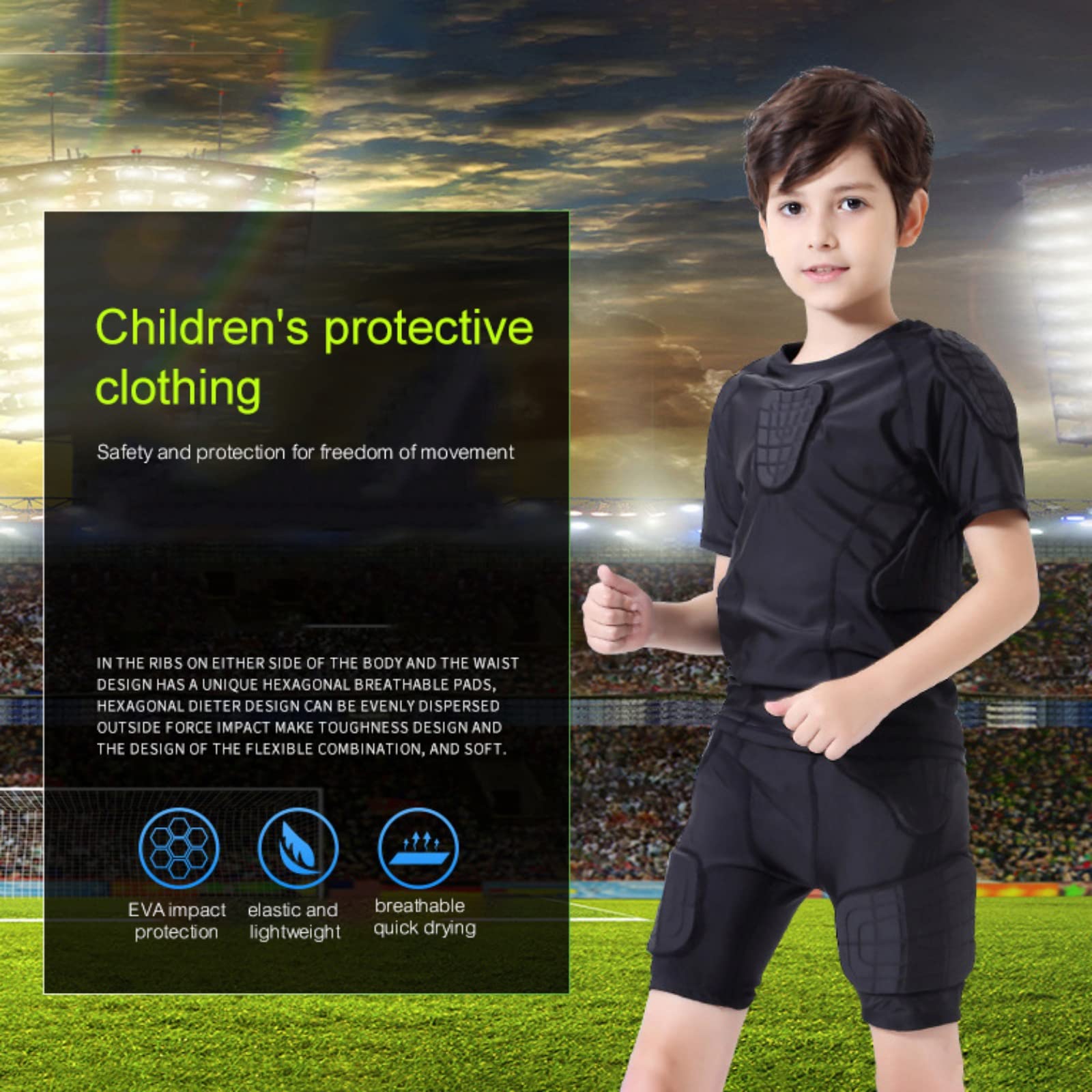 Kids Youth Padded Protective Shirts Shorts for Football Paintball Baseball Long Sleeve Rib Heart Guard Sternum Protection (Padded Shorts, 10-12 Years)