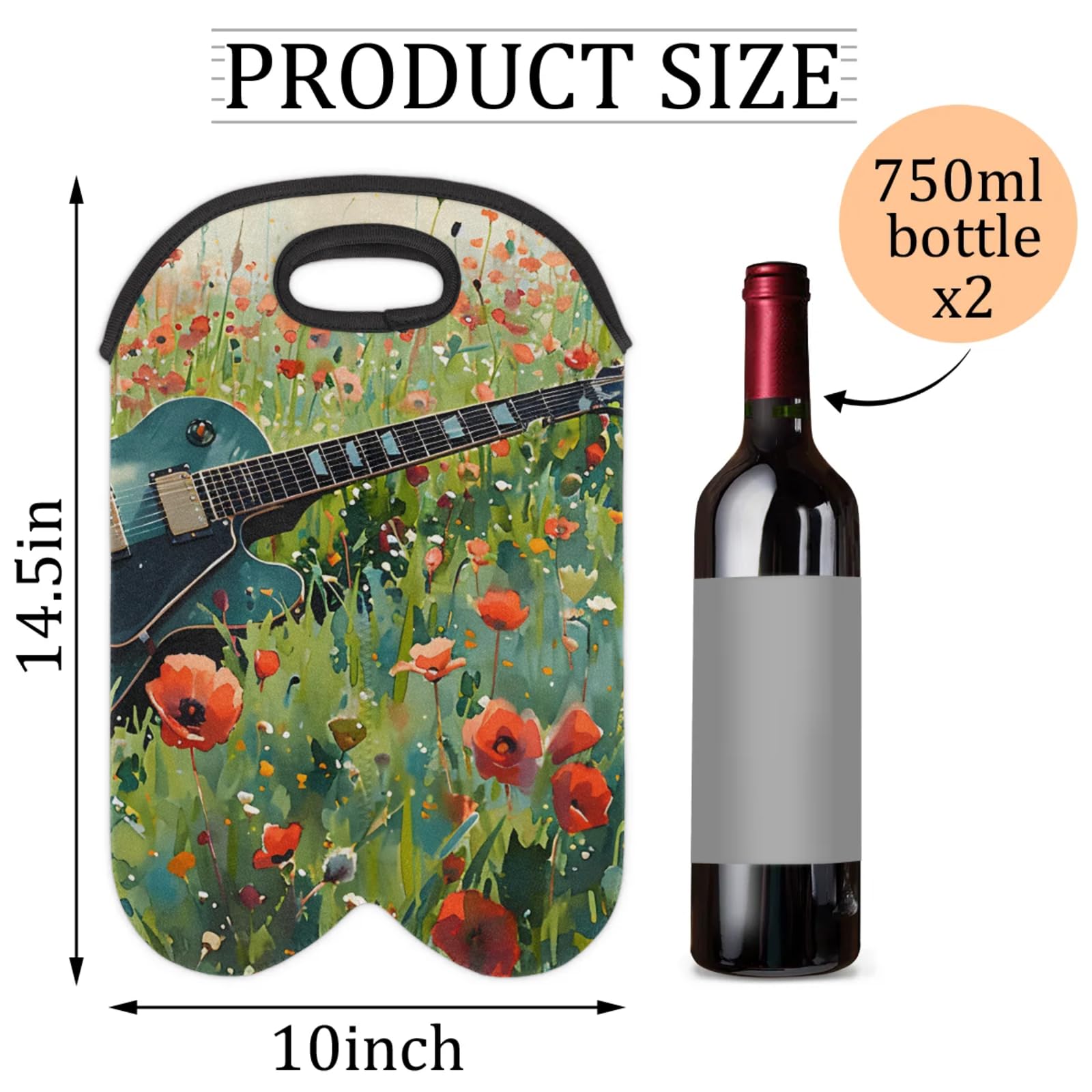 GzLeyigou 2 Bottles Guitar Wine Bag Sleeve Totes Flowers Neoprene Protective Wine Carrier Bag for Wine,Water, Champagne, Beer, Baby Bottles,Gift 14.5 x 10 Inches