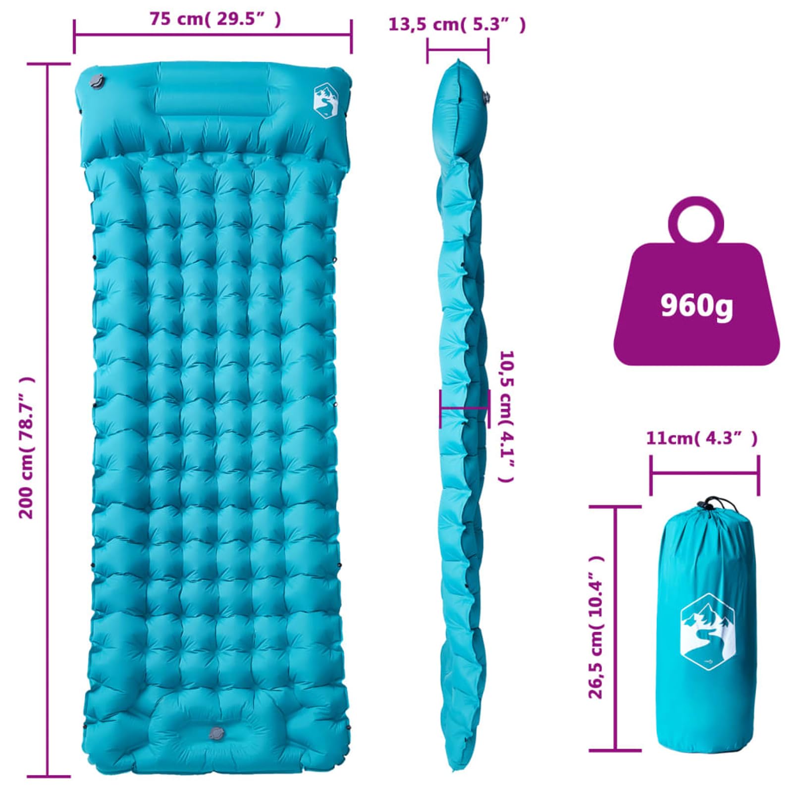 Homgoday Selbstaufblasende Isomatte Campingmatte mit Fußpumpe, 40D Nylon TPU Beschichtung, Blau, 200x75x10,5 cm, 740g, für Camping, Wandern, Reisen, Picknick 4007096