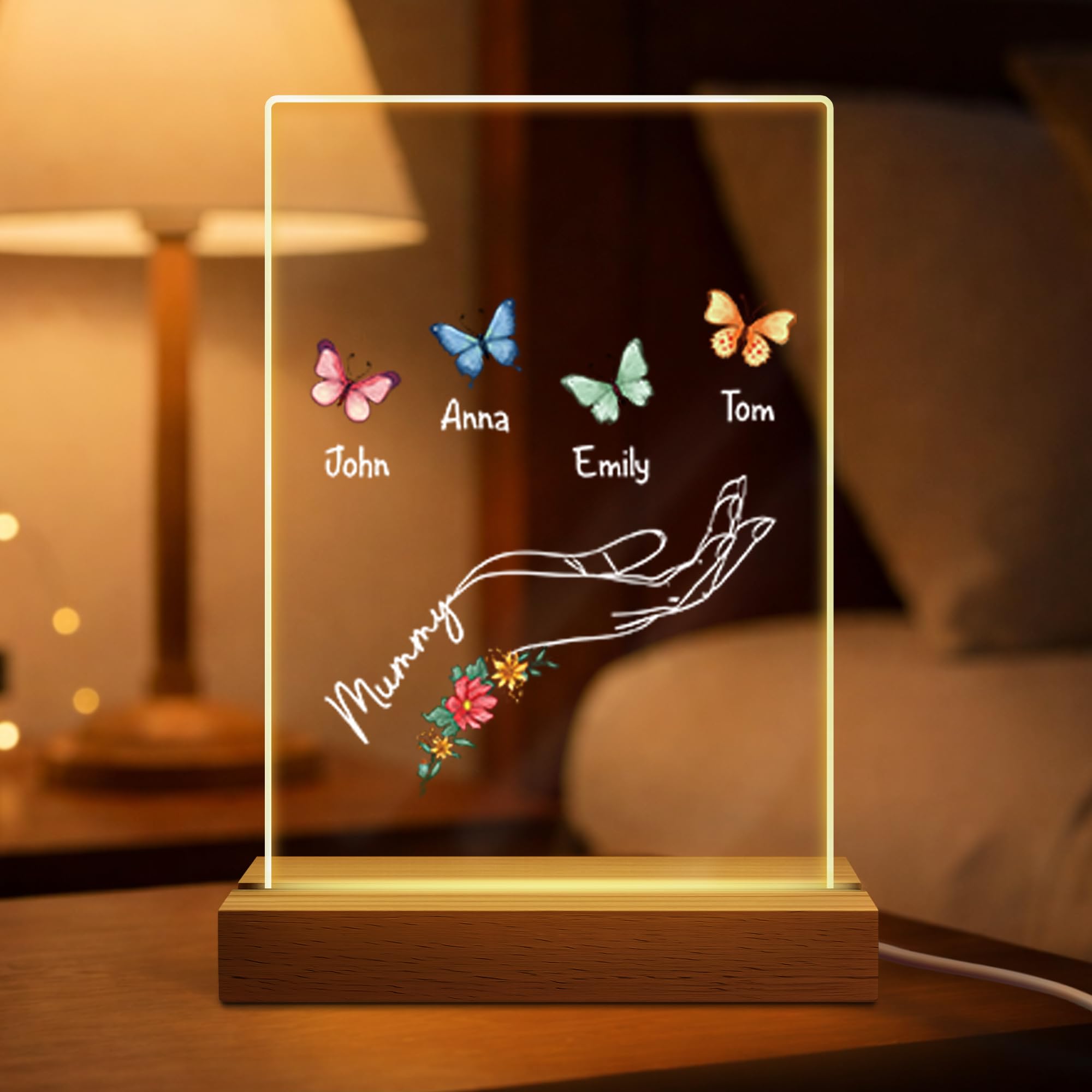Personal Chic Custom Name Night Light -Acrylic Lamp with Butterfly, Personalised Mothers Day Gifts, Unique Personalised Gifts for Mum and Grandma (4 Kids)