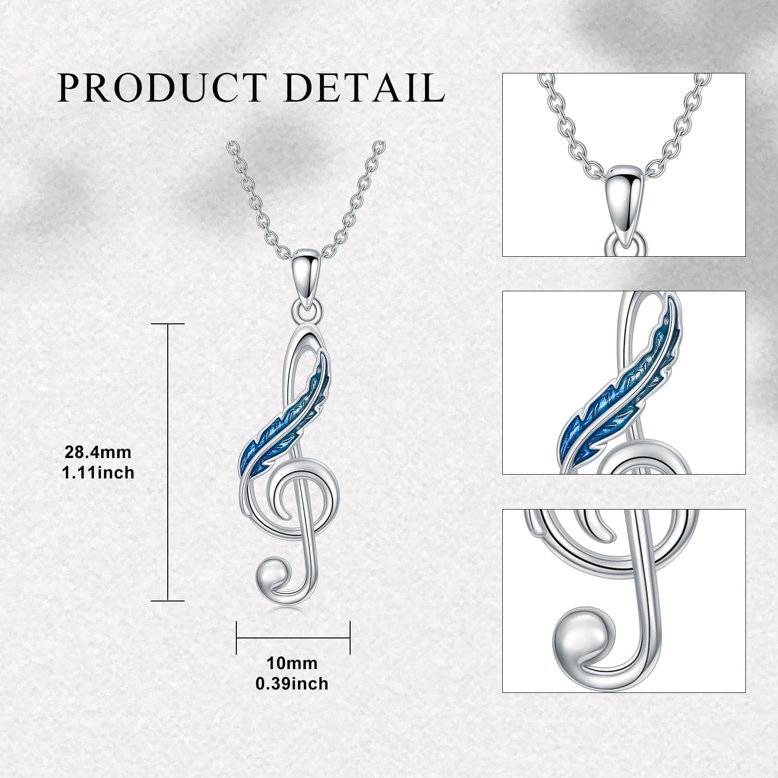 Collana con note musicali in argento Sterling con piuma e chiave di violino