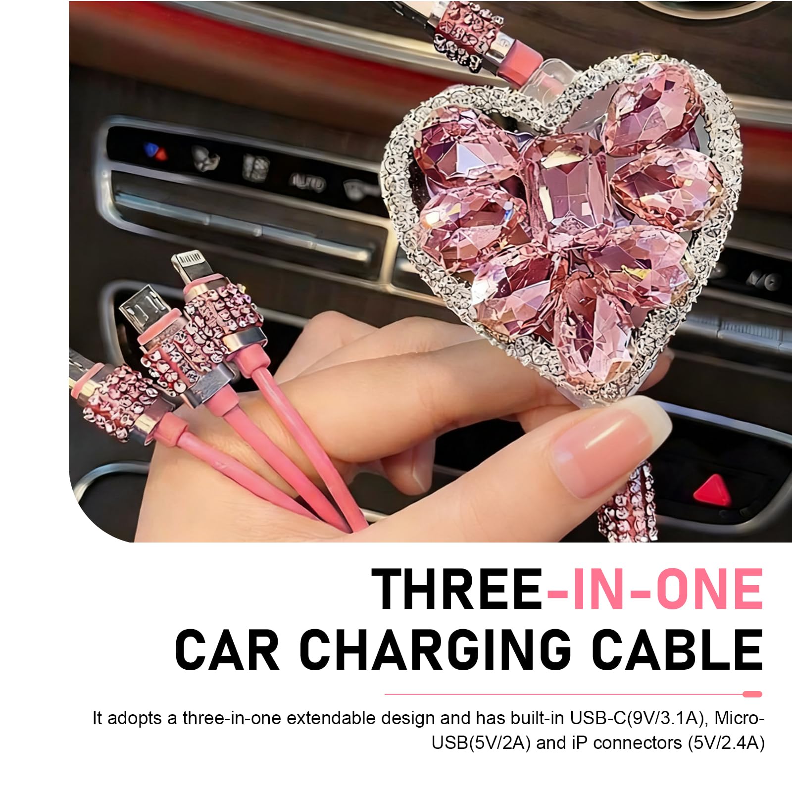 Zosgrew Car Retractable Multi Charging Cable, 3 in 1 Fast Charger Cord, Heart-shaped Diamond-studded Car Charger Cable, Stylish for Women, Compatible with Phone, Tablets (Pink) - 3