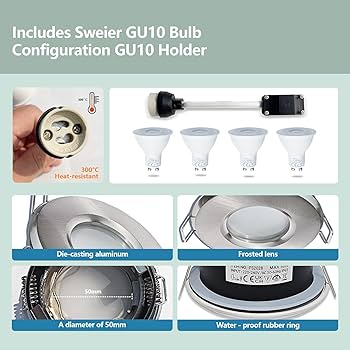 4XSweier Waterproof LED Bathroo Spotlights IP65, 5W War White 3000K 450L, Suitable For