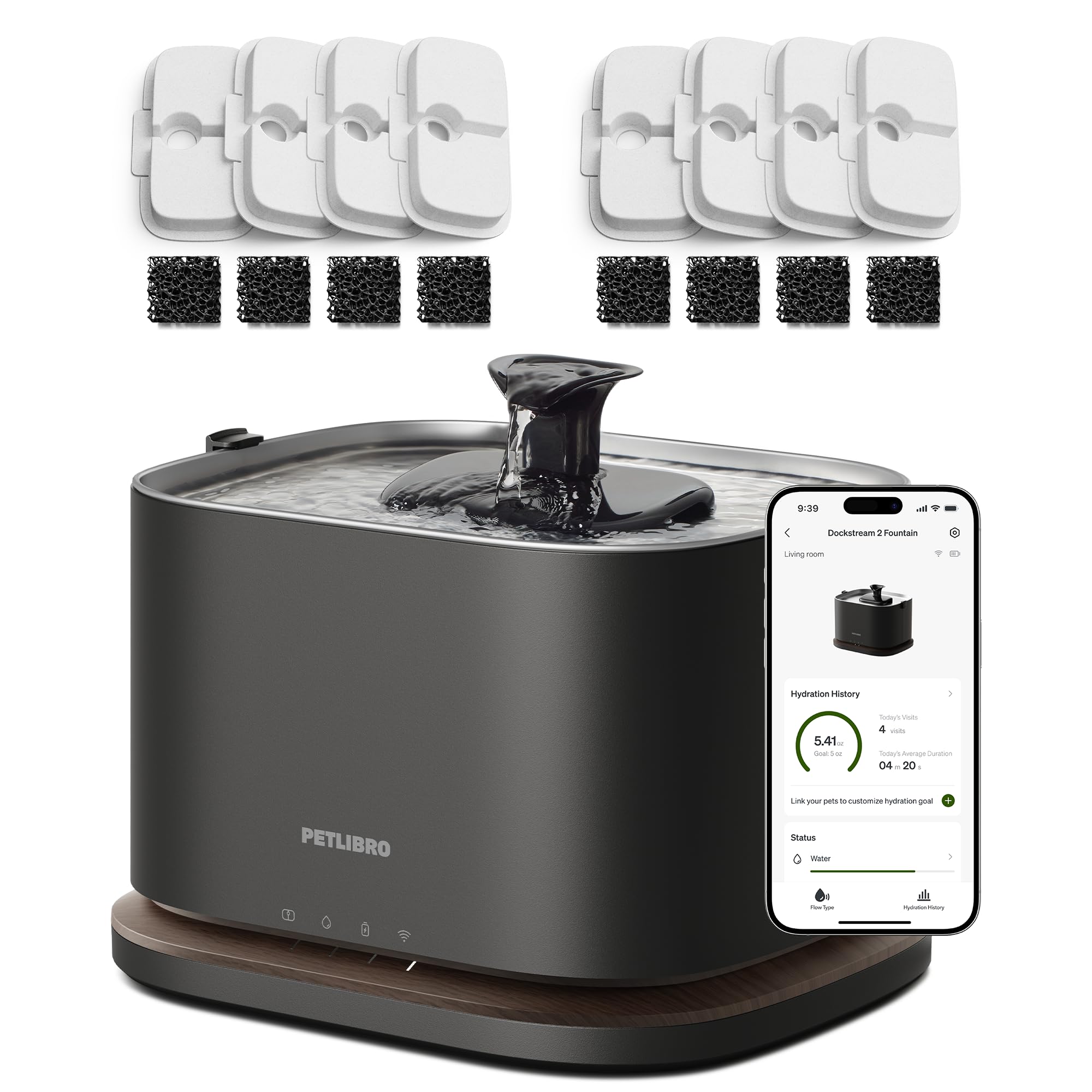 PETLIBRO Upgrade Cordless Cat Water Fountain + 8 Packs Genuine Cat Fountain Filter Replacement, App Monitoring 3L/101oz Dockstream 2 Pet Water Fountain with Stainless Steel Tray, 4-Month Set Easy-Swap