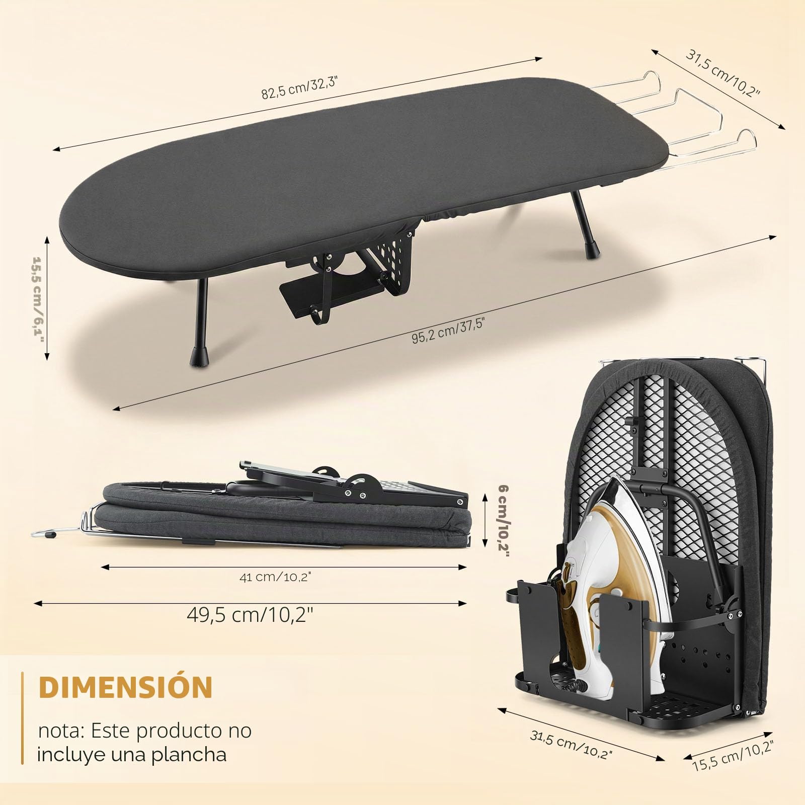 Tabla de Planchar Plegable con Reposa-Plancha y Soporte, Mini Tabla de Planchar Plegable con Patas Antideslizantes y Funda Resistente al Calor, Compacta 82,5 x 31,5 cm, Ahorra Espacio Funda de Algodón