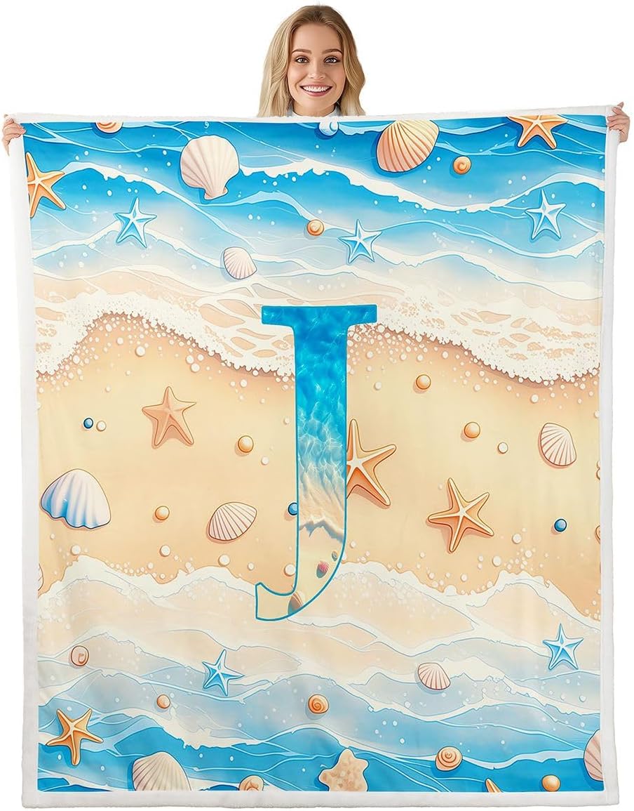 Erosebridal Hawaiian Beach Fleece Blanket Baby 30"x40" Personalized Initial Letter J Sherpa Blanket Summer Ocean Coastal Fuzzy Plush Throw for Kids Boys Girls,Starfish Seashell Sealife Decor for Bed