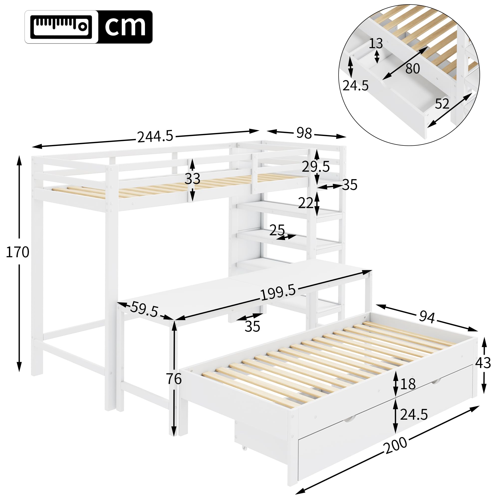 Kayan Kinder-Etagenbett, Doppelbett, multifunktionales Kinderbett, mit Leiter, mit Tisch, mit Aufbewahrungsschubladen unter dem Bett, mit Aufbewahrungsregal, ohne Matratze, Massivholz, weiß, 90 * 200