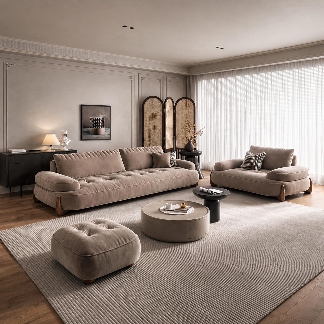 Modern Luxury Sofa Set, Velvet Tufted Design with Curved Arms, 3 Seater Sofa, 1 Seater Chair and Ottoman, Sheesham Wood Legs, Sofa for Living Room, Bedroom (Taupe)-image-39