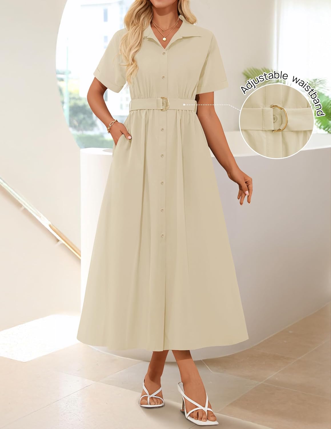 ZESICA Women's Summer Short Sleeve Midi Dress 2026 Button Down A Line Belt Work Business Casual Long Dresses with Pockets - Image 4