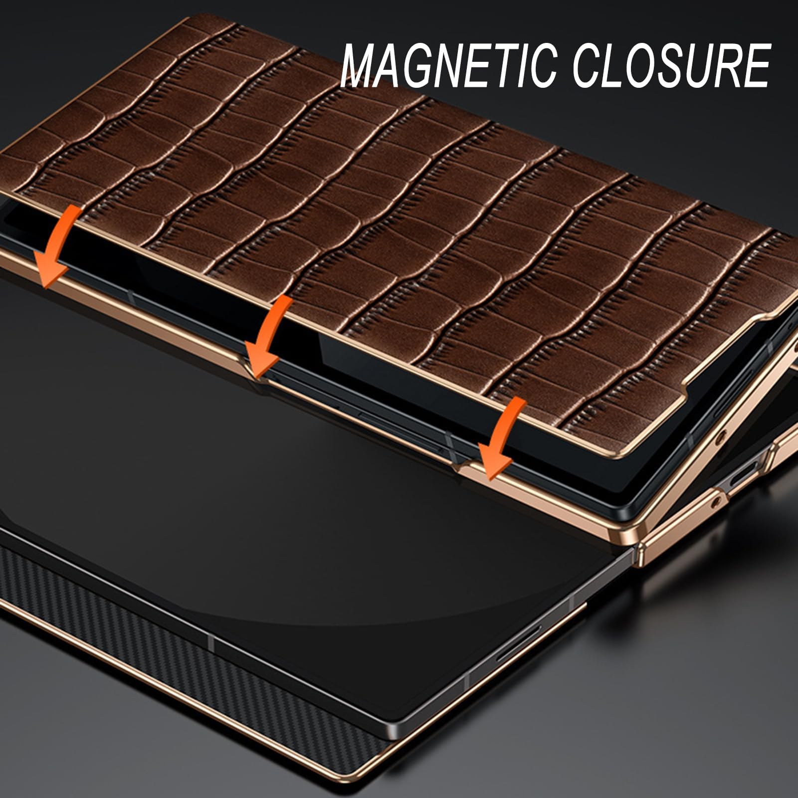Ribalta Custodia per Samsung Galaxy Z Fold 8 Ultra, Placcata Modello Coccodrillo | Pelle Vera Leggero Lusso Cover Affari Sottile Bordo Oro Fotocamera Protezione Guscio,Nero,Fold 8 Ultra
