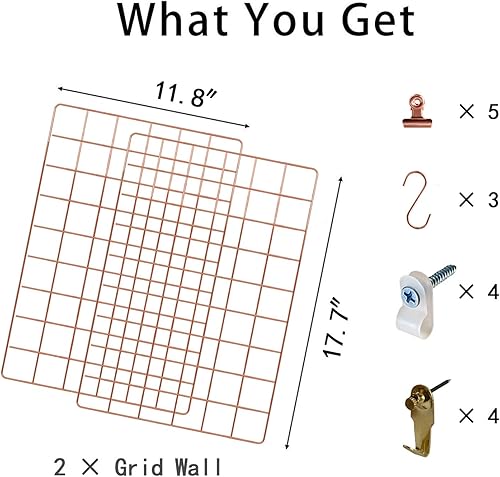 Miniatura 2 de FRIADE Panel de rejilla de pared para exhibición de fotos, organizador de almacenamiento de pared, 5 clips de metal, 3 ganchos en S, 4 clavos, 4