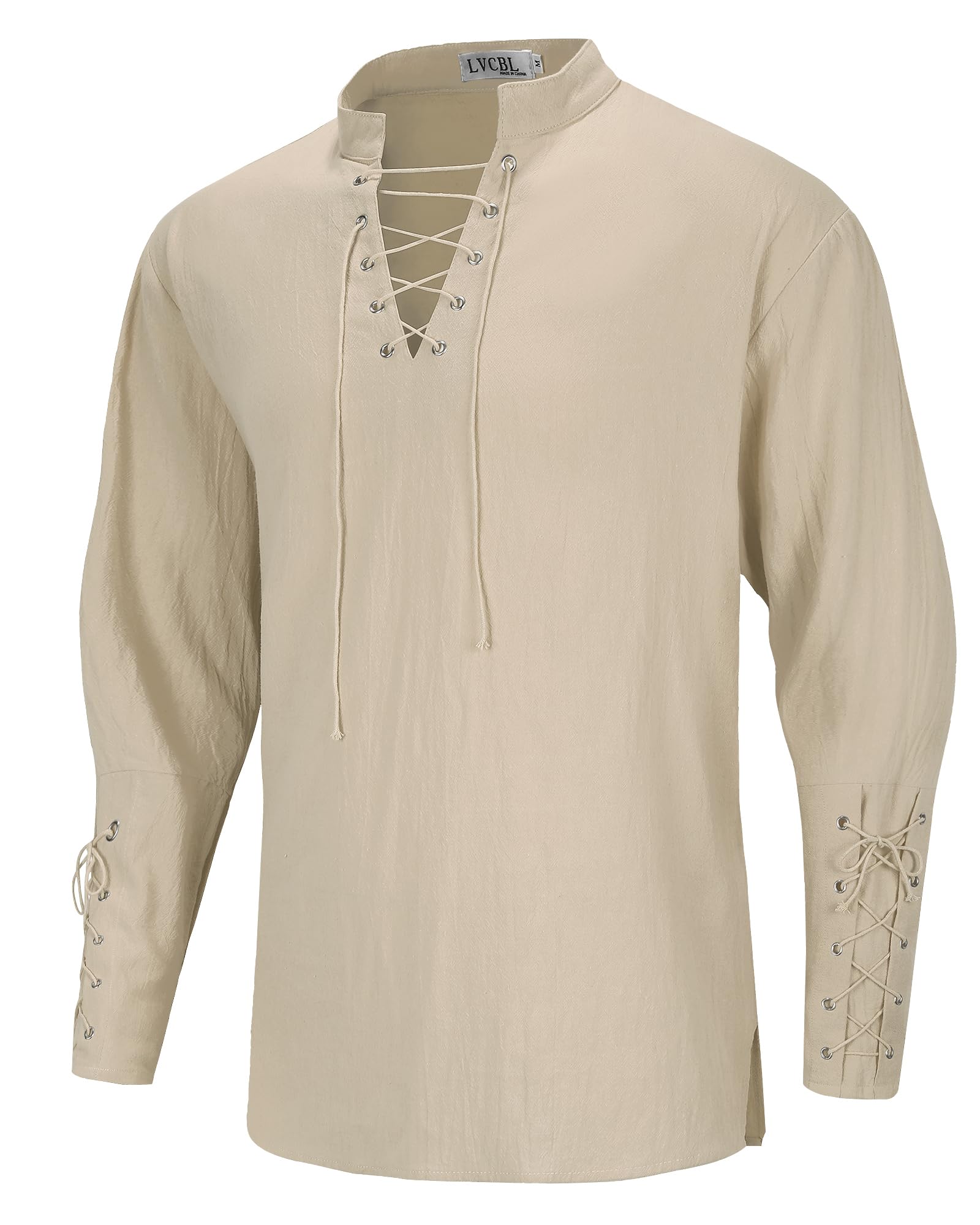 LVCBL Camicia Uomo Medievale in Cotone Lino con Lacci e Collo Coreano M-3XL
