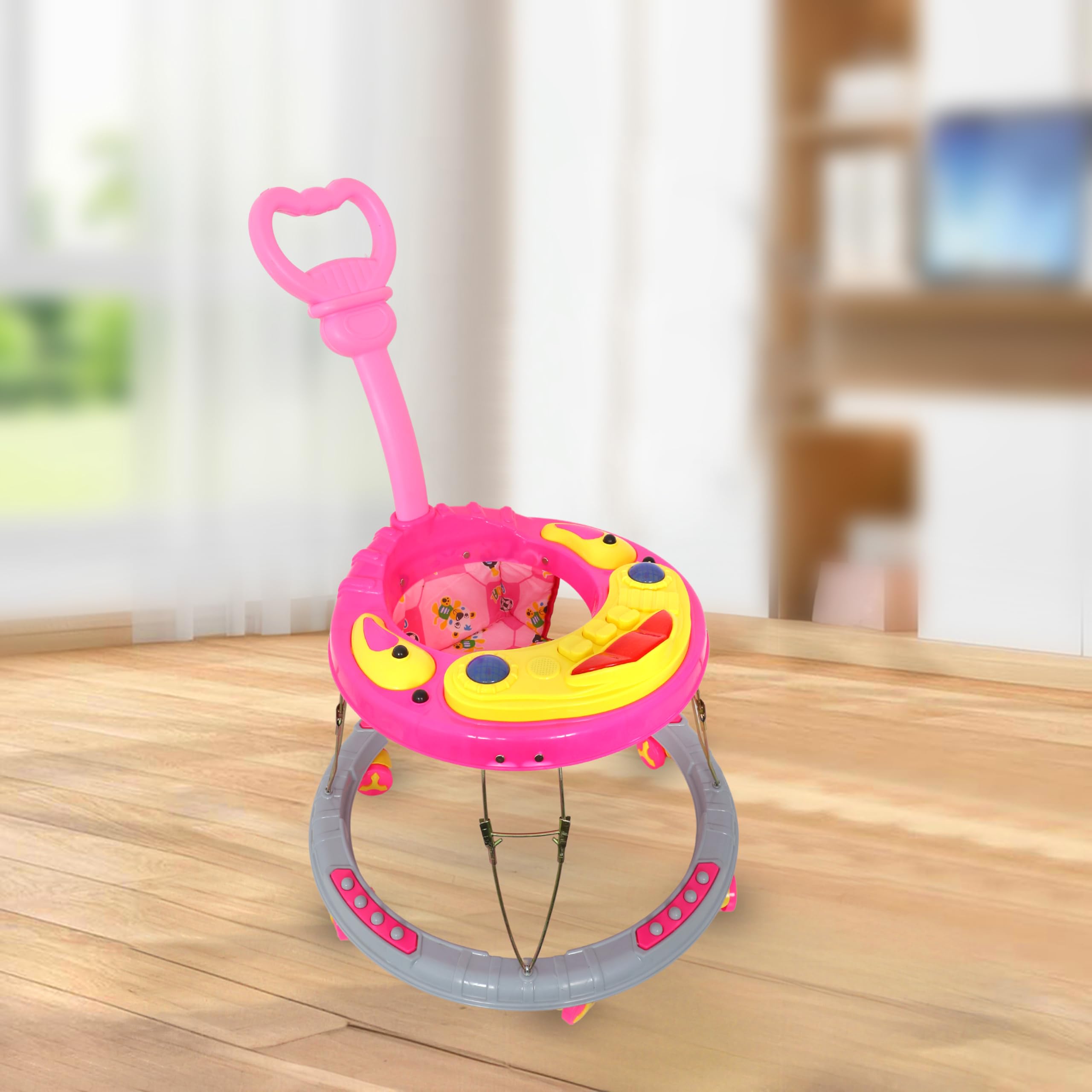 BISHMEVA Baby Walker | Baby Walker with Parental Handle, Music & Stopper | 6-48 Months | Walker for Baby | Multifunctional & Adjustable (Pink)