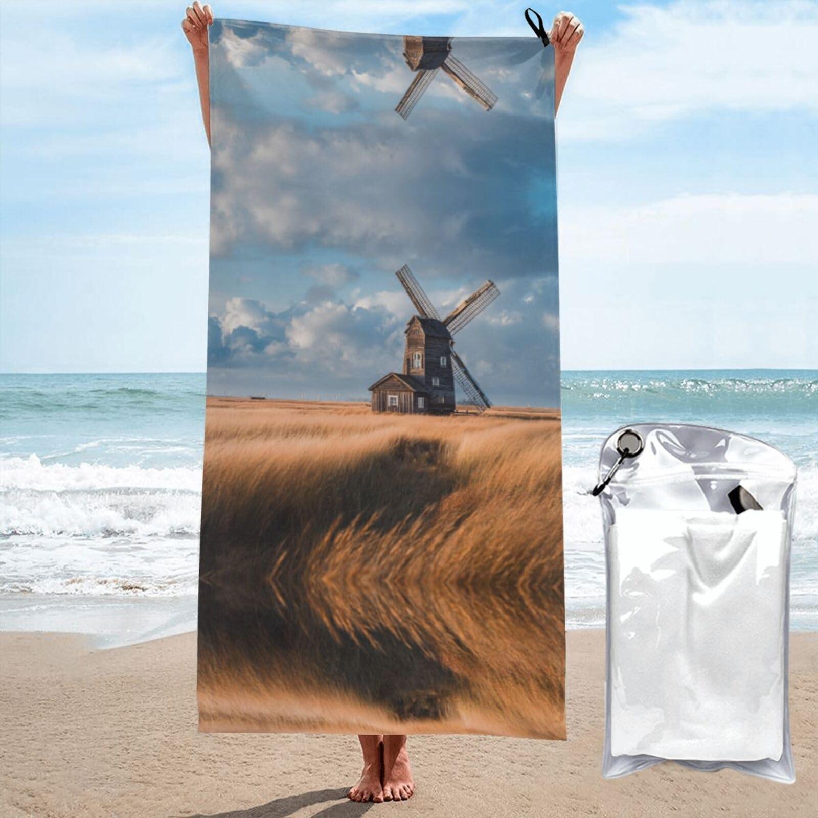 ESNAIUVCD Windmill In Field Print Beach Towel, Microfibre Sauna Towel, Quick-Drying Fitness Towel, Lightweight And Thin Portable Sauna Towel