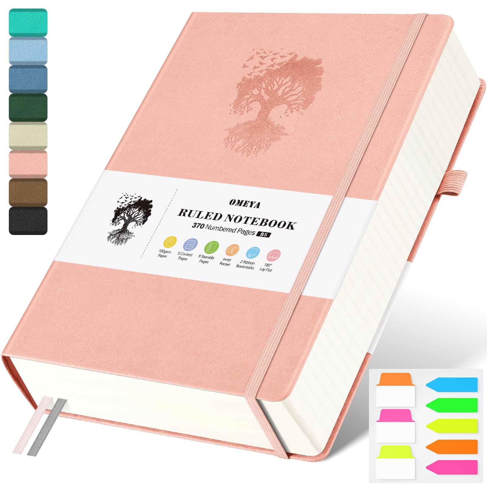 B5 Lined Journal Notebook, 370 Numbered Pages Thick Leather Journal for Writing, College Ruled Hardcover Notebook for Work,School with 100gsm Paper, Writing Journal for Women, Men (7.6" x 10.3" Pink)