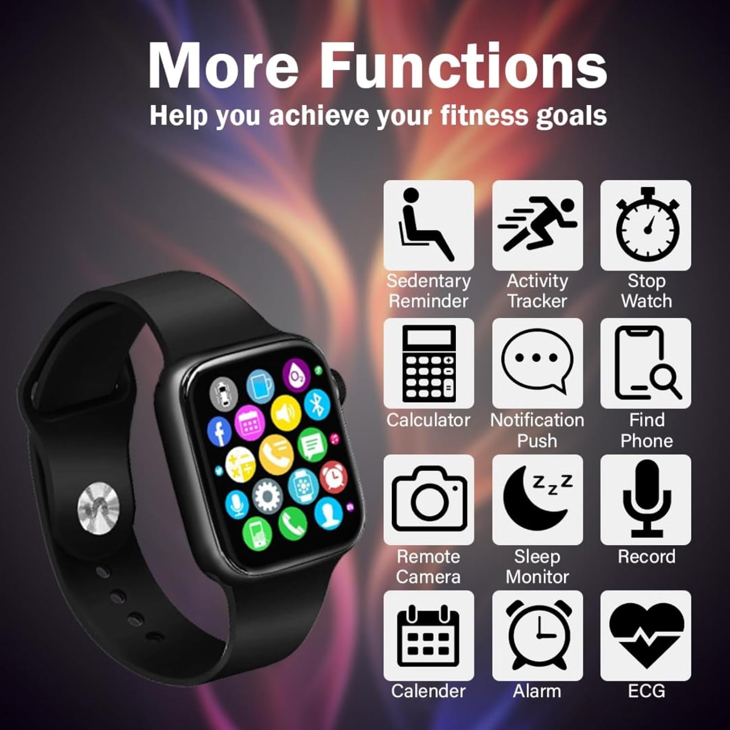 CreaTeck K10 Smart Watch displaying a screen with multiple function icons like calculator, notification, find phone, remote camera, sleep monitor, record, calendar, alarm, and ECG