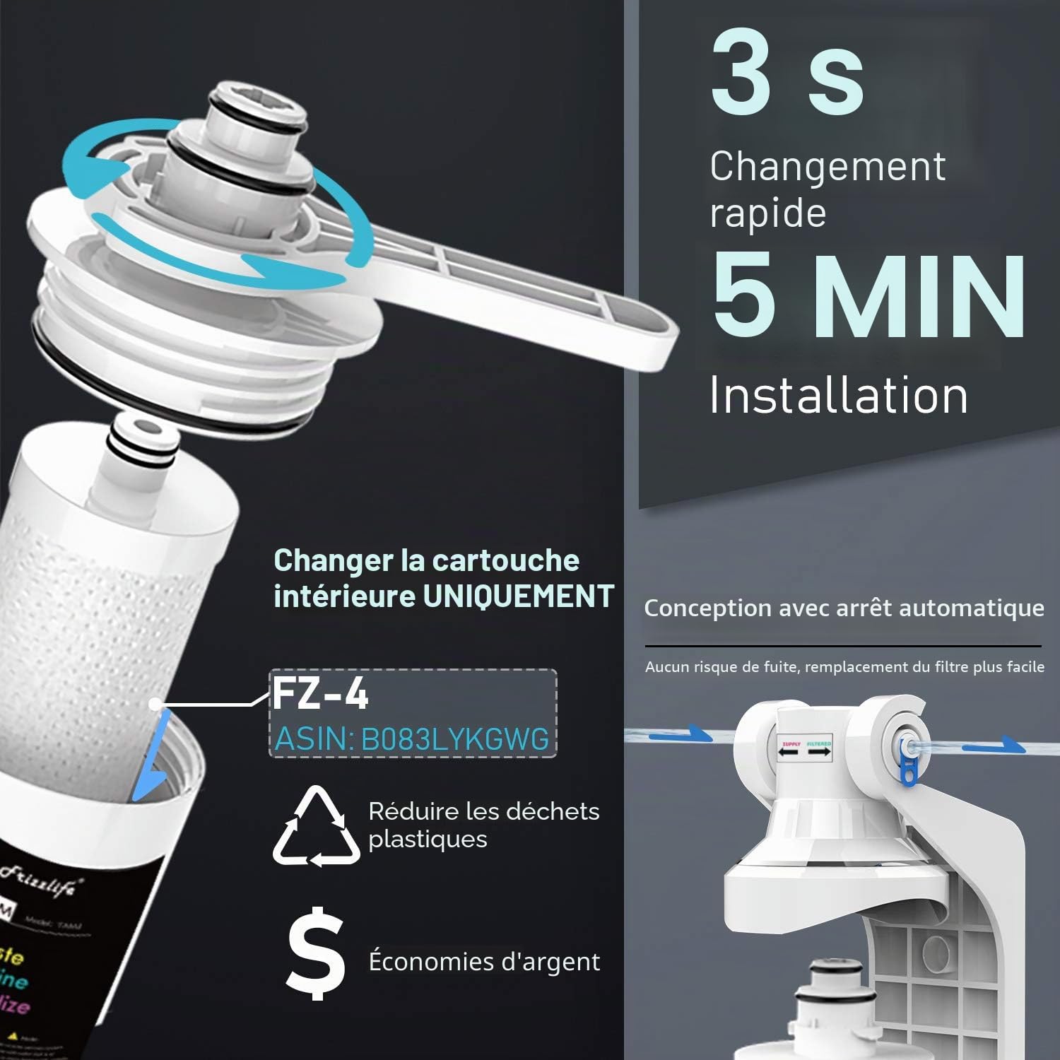 Frizzlife Reminéralisation alcaline Filtration d'eau sous évier - Post-filtre 1/4" à connexion rapide pour système d'osmose inverse RO, 3 étapes, Ajustez le PH, Restaure les minéraux essentiels, TAM3
