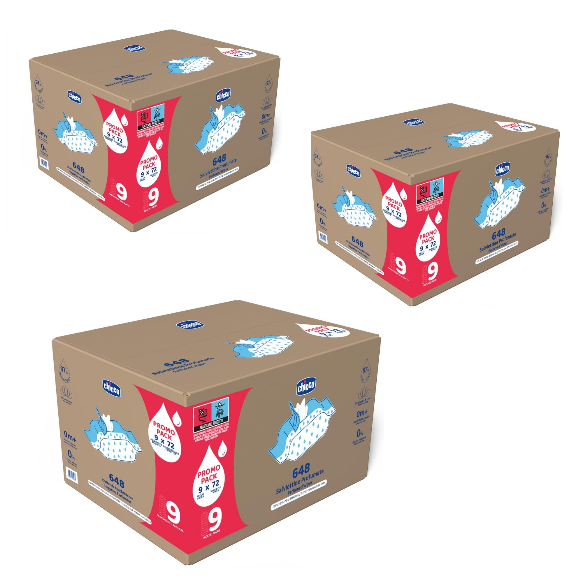 Chicco Feuchttücher Multipack, Set Windel Blaubär | Kinderhaus Blaubär: ohne Alkohol & Seife, mit Lotuswasser, für empfindliche Haut, 72 Tücher