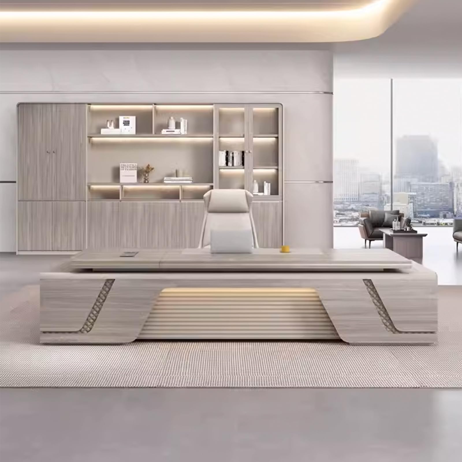 TIZAZO 86IN L-Shaped Executive Desk with Drawers, Executive Desk with Open Storage Grid & LED Light Strip & Exquisite Pull Handle & Invisible