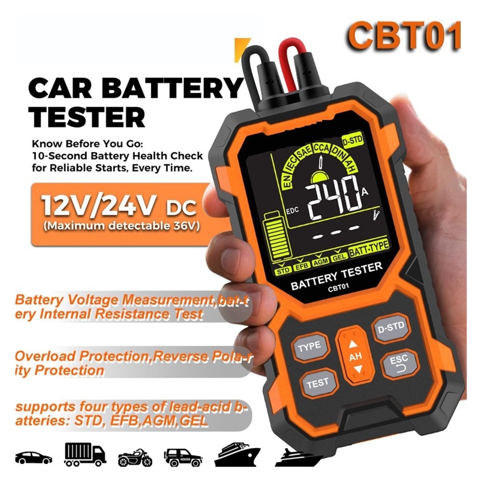 Tester baterii, CBT01 12V/24V Cyfrowy tester akumulatorów samochodowych DC 8-30V Narzędzie we do samochodów, motocykli, łodzi, SUV-ów, ciężarówek Analizator akumulatorów kwasowo-ołowiowych