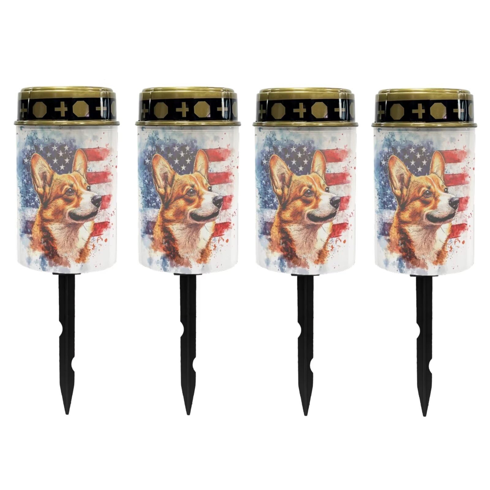Poceacles Flameless Candle Set of 4 Solar Powered Grave Outdoor Solar Lights Cemetery Candle Lights Fake LED Pillar Candles Outdoor Waterproof Decorative Outdoor Garden Decor, Corgi American Flag