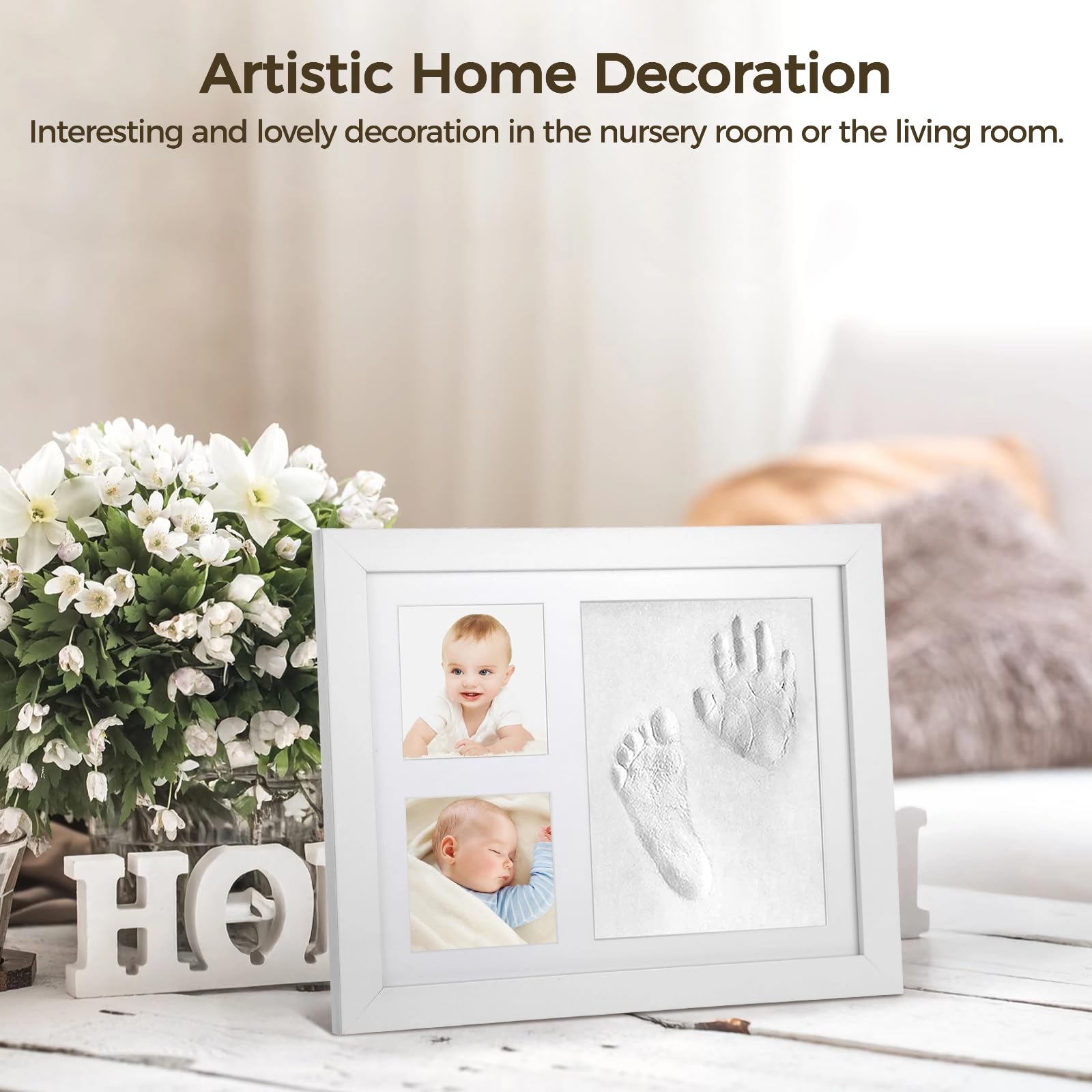 Cadre photo empreinte main et pied, kit souvenir en pâte autodurcissante pour empreintes de patte, cadre en bois massif, peintures et outils inclus, cadeau personnalisé pour anniversaire