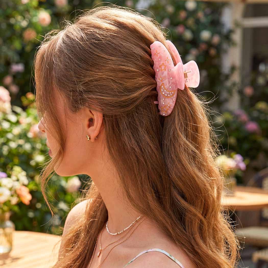 Campsis Acrylic Hair Claw Pink Hair Clips Medium Star Moon Hair Claw Clips for Women and Girls(Pack of 3) - Image 7