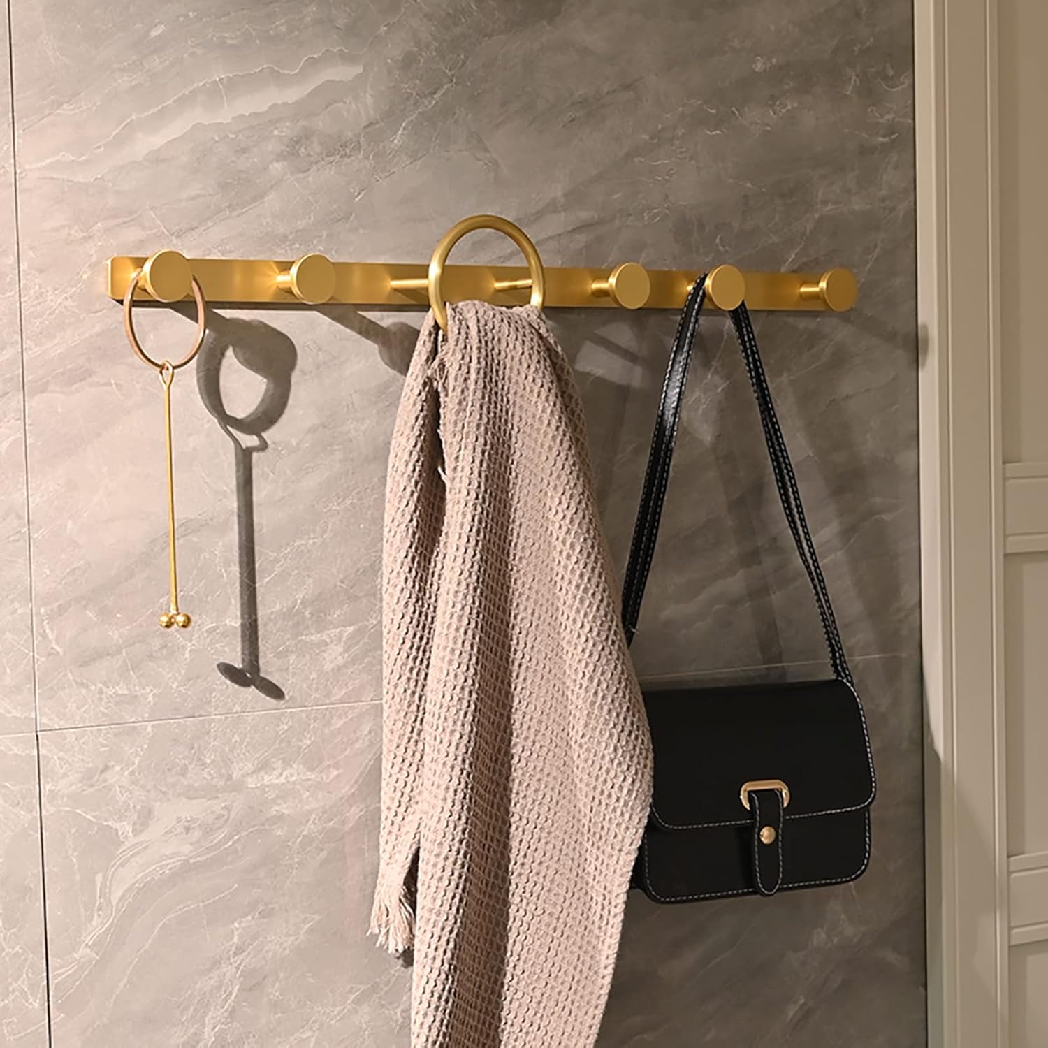 Coat Hooks Brushed Gold 56cm Robe Hook Wall Mounted Space Aluminum Towel Hook Heavy Duty Shower Hook for Kitchen, Home, Office, Dual Installation